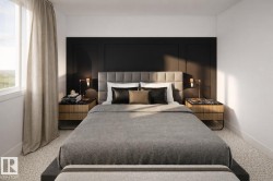Bedroom featuring a paneled accent wall, upholstered headboard, and dual-drawer nightstands with stone tops -