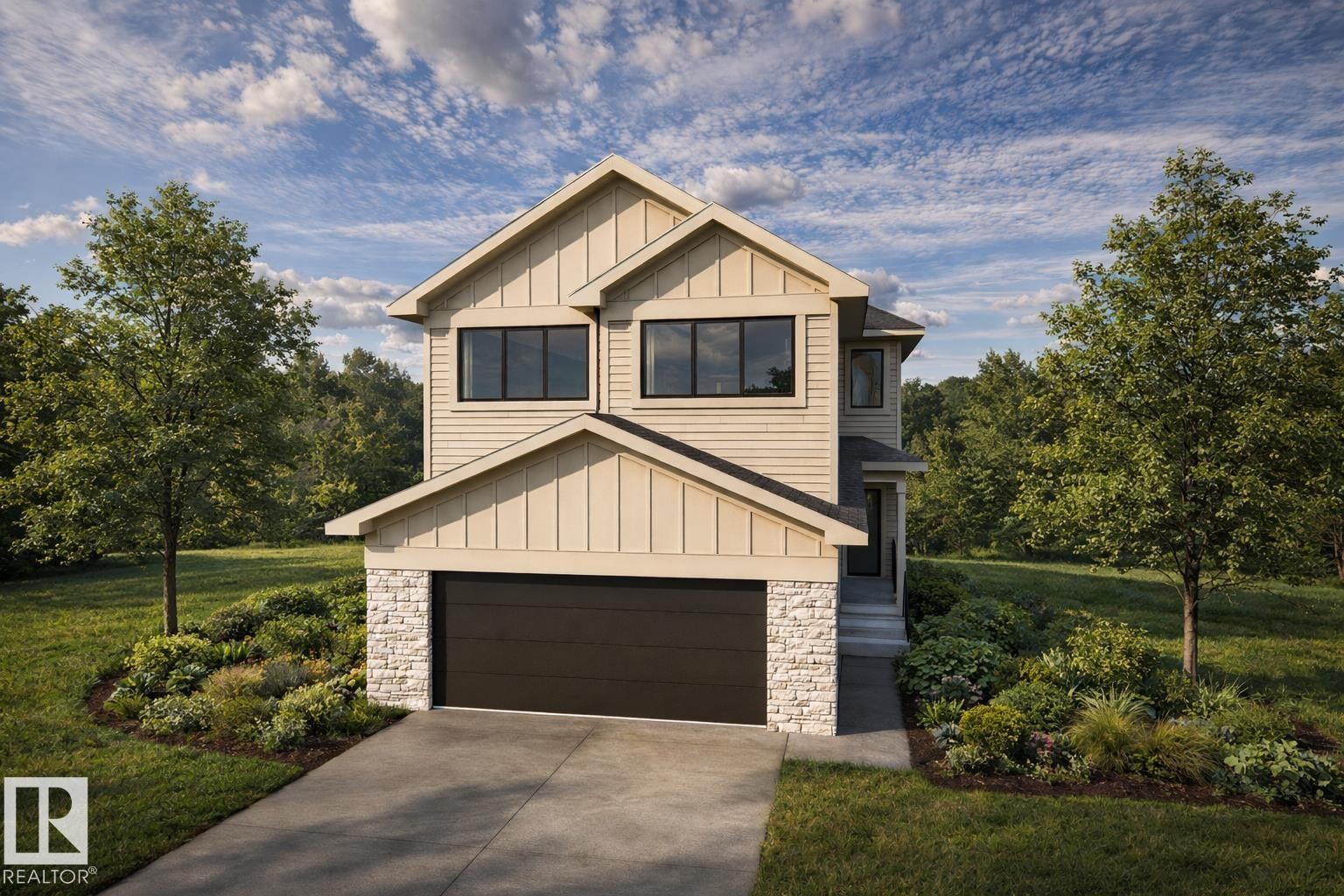 Contemporary two-story residence featuring light-toned siding and dark window frames - 20 Brickyard View, Stony Plain, AB - Outdoor