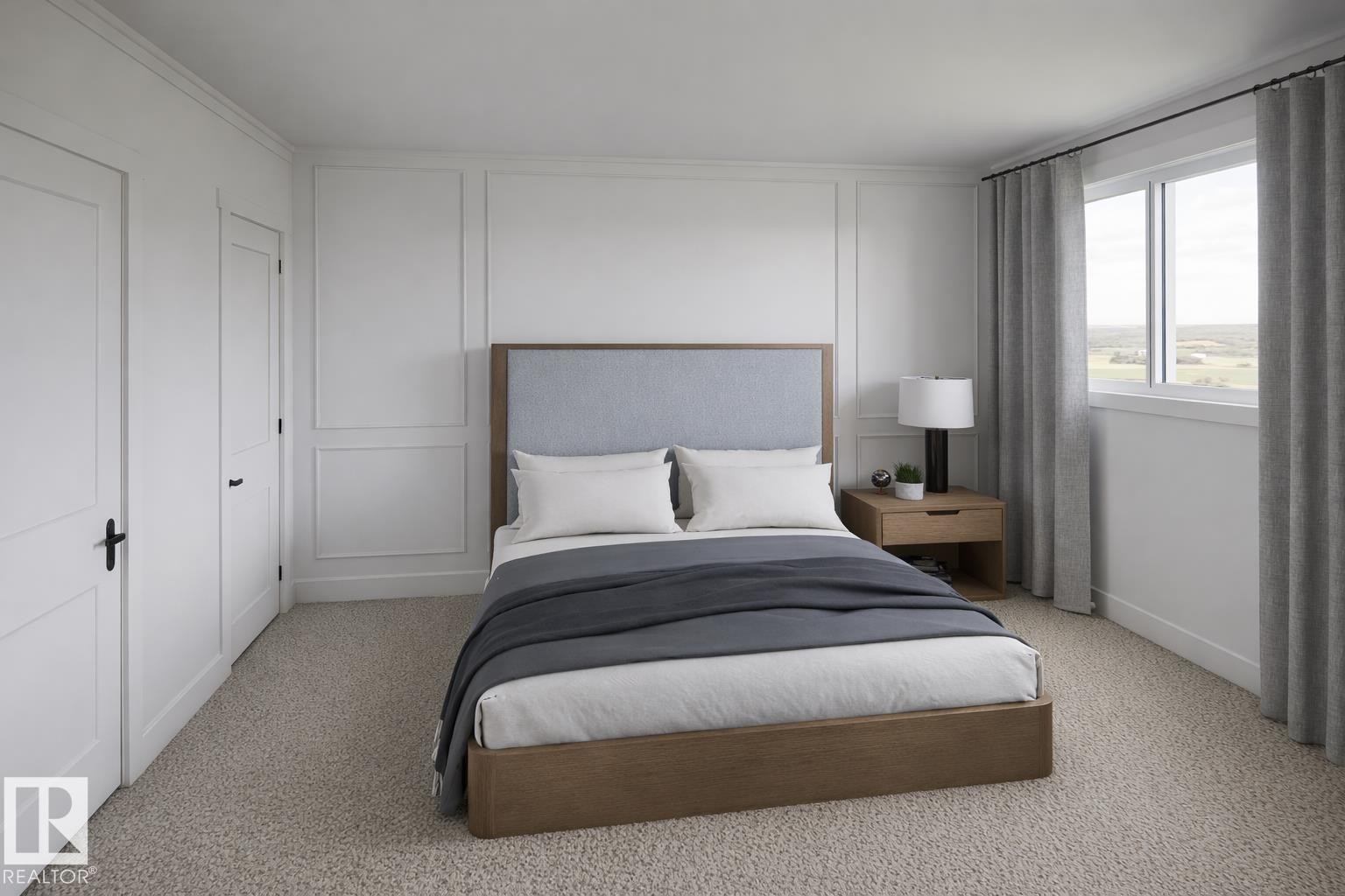 Carpeted room featuring panel molding accent walls and a window with natural light - 20 Brickyard View, Stony Plain, AB - Indoor Photo Showing Bedroom