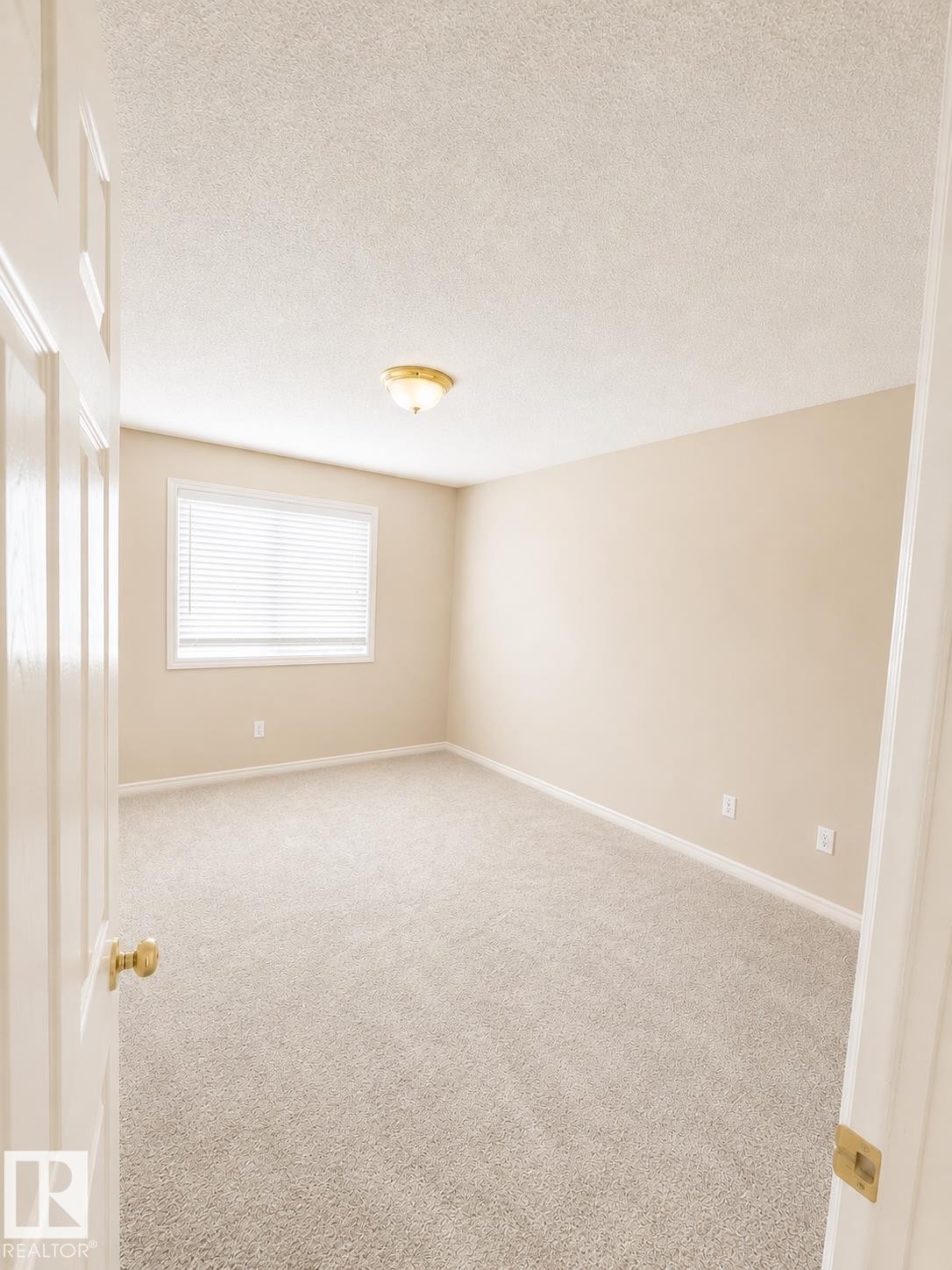 Carpeted room featuring a single window with blinds, a ceiling-mounted light fixture, and neutral-toned walls - 704 83 Street, Edmonton, AB - Indoor Photo Showing Other Room