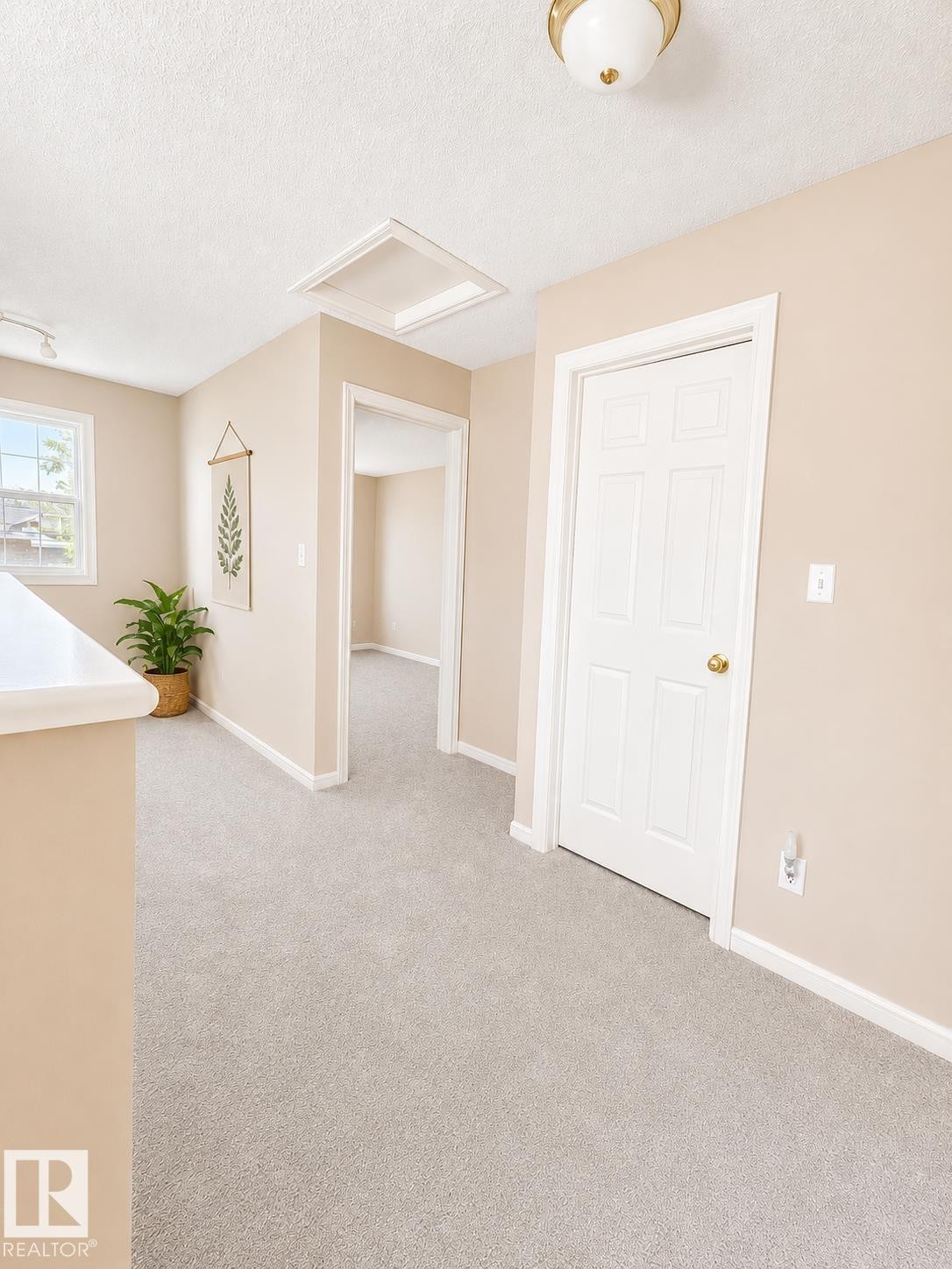 Neutral-toned interior featuring light gray carpeting throughout, white trim, and a brass-finished flush-mount ceiling light - 704 83 Street, Edmonton, AB - Indoor Photo Showing Other Room