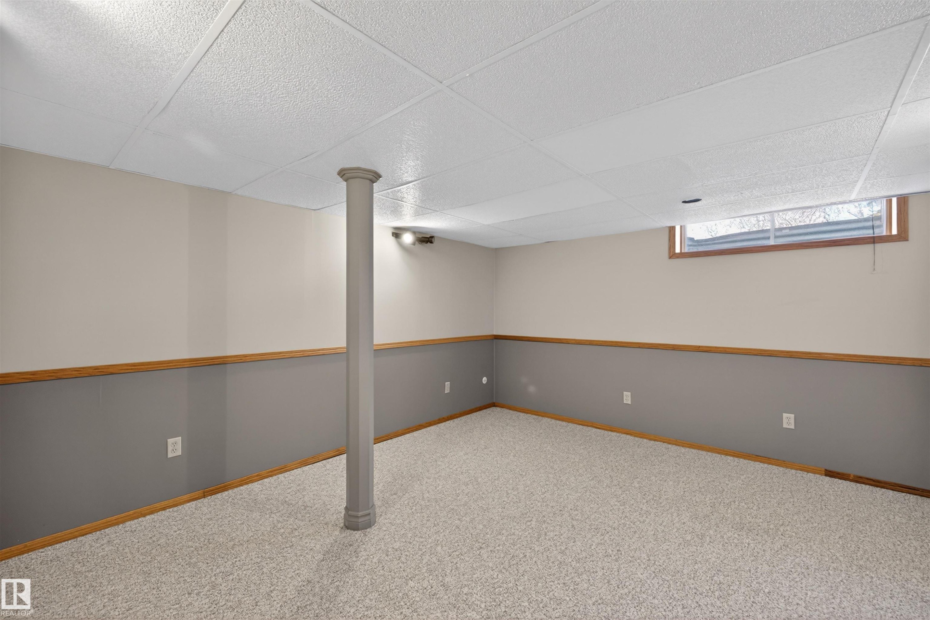 Finished room featuring textured carpet, a drop ceiling, and a structural column - 19403 Fort Road, Edmonton, AB - Indoor