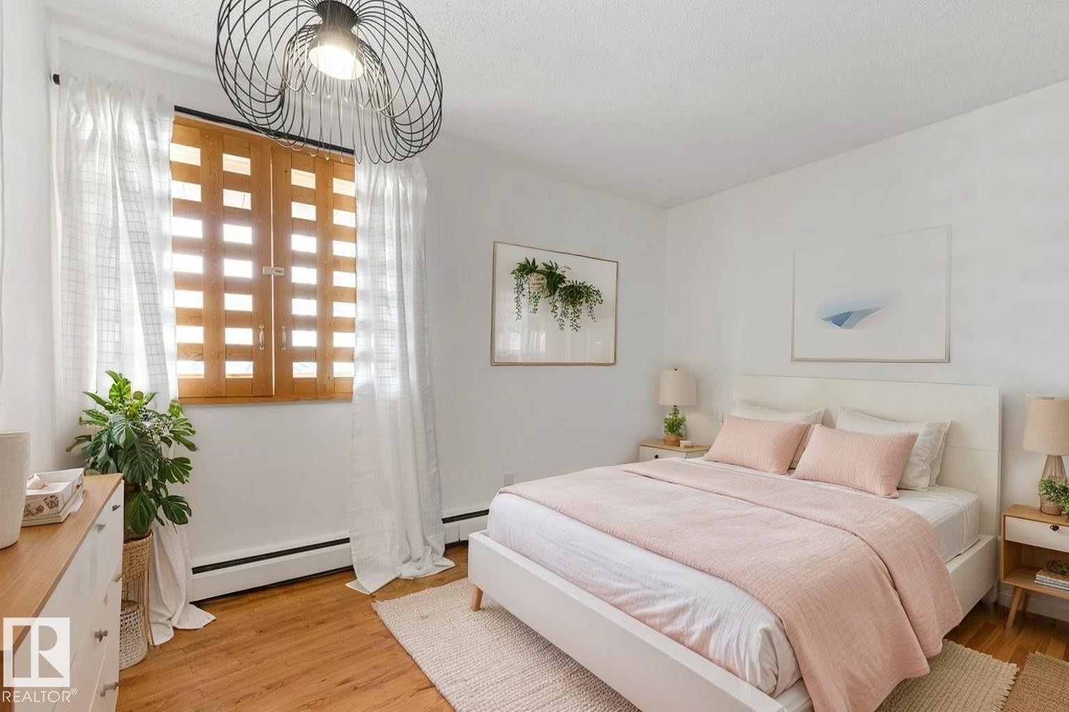 Bedroom features a chandelier and a window with custom wood shutters; - 101 8604 Gateway Boulevard, Edmonton, AB - Indoor Photo Showing Bedroom