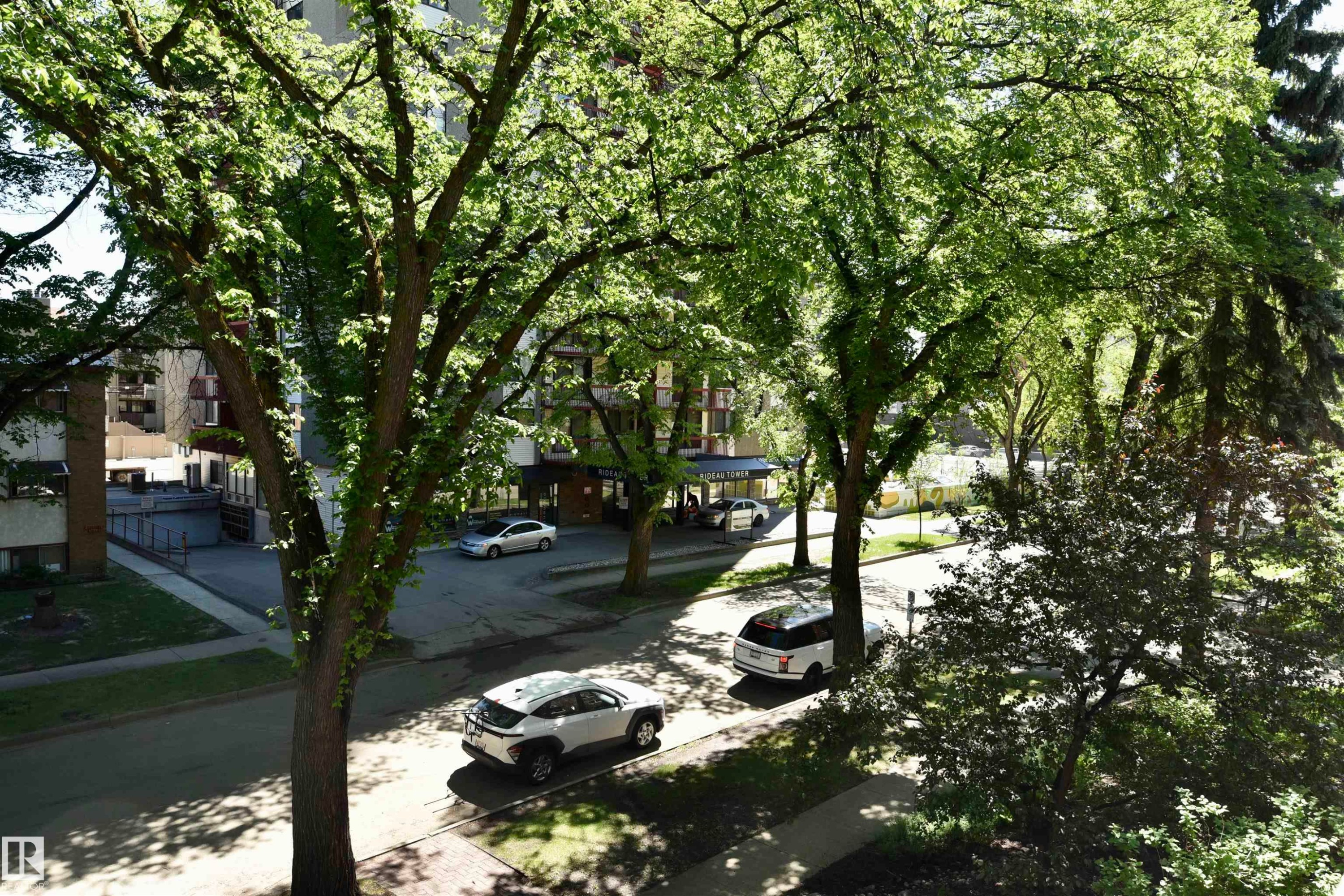 Streetscape featuring mature trees and established sidewalks, with multi-story buildings visible in the background - 21 10160 119 Street Nw, Edmonton, AB