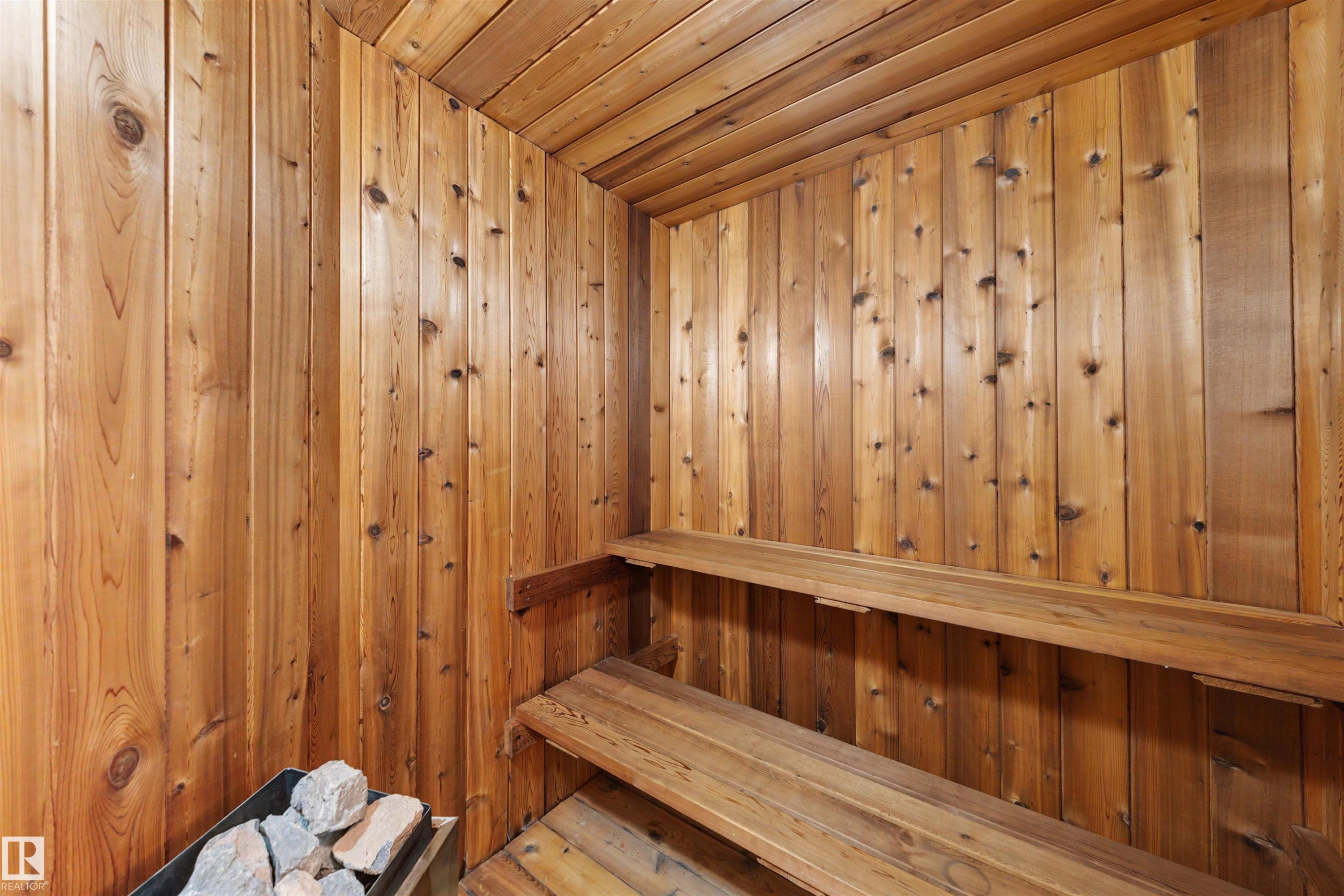 Wood-paneled sauna featuring vertical planks, a multi-tiered bench, and a rock heater - 9602 85 Street, Edmonton, AB
