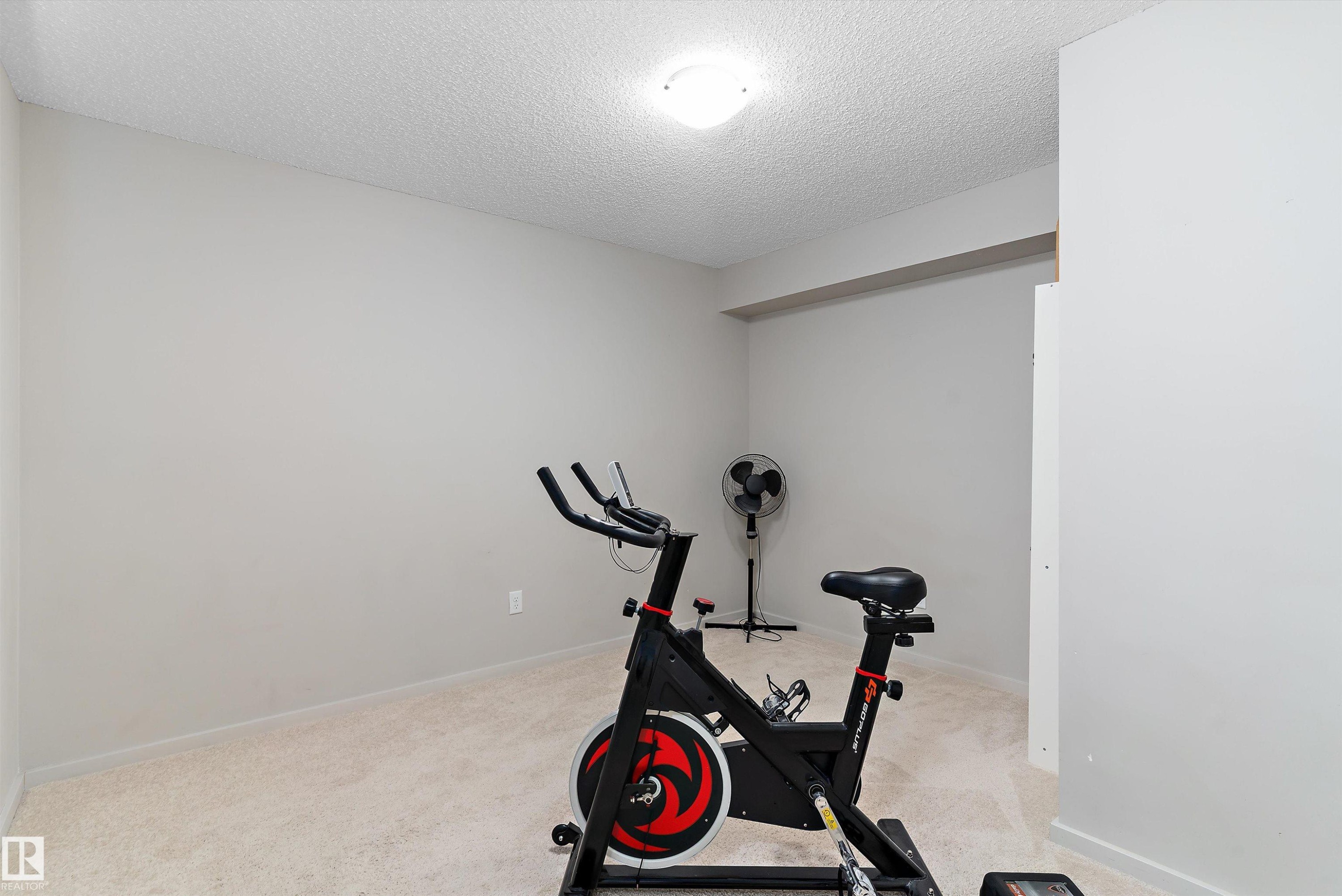Interior space featuring light gray walls, textured ceiling, and light-colored carpeting - 231 344 Windermere Road, Edmonton, AB - Indoor Photo Showing Gym Room