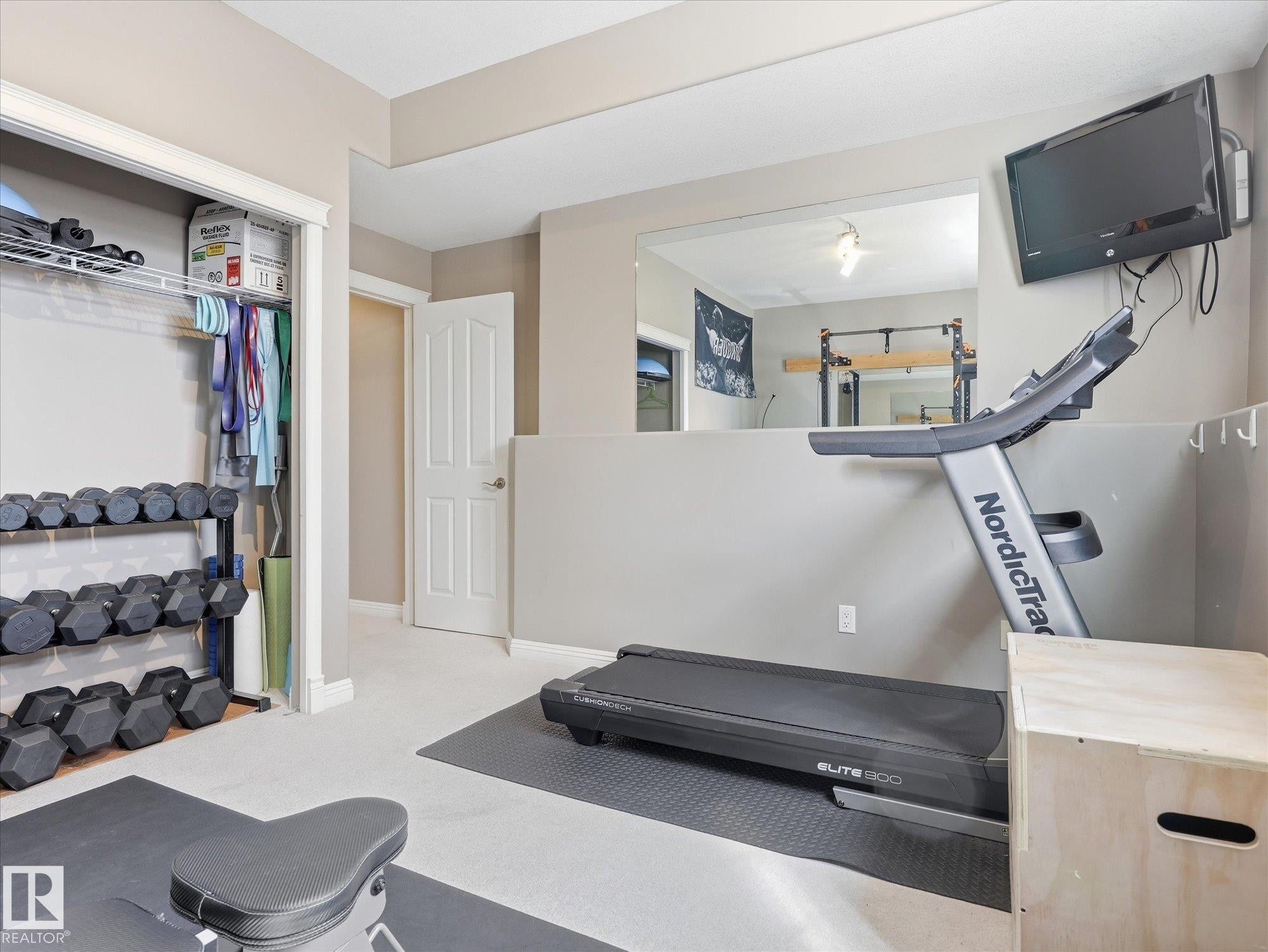 Carpeted room featuring a built-in closet with shelving, a white paneled door, a wall-mounted media screen, and a pass-through opening to an additional interior space - 1340 Oakland Crescent, Devon, AB - Indoor Photo Showing Gym Room