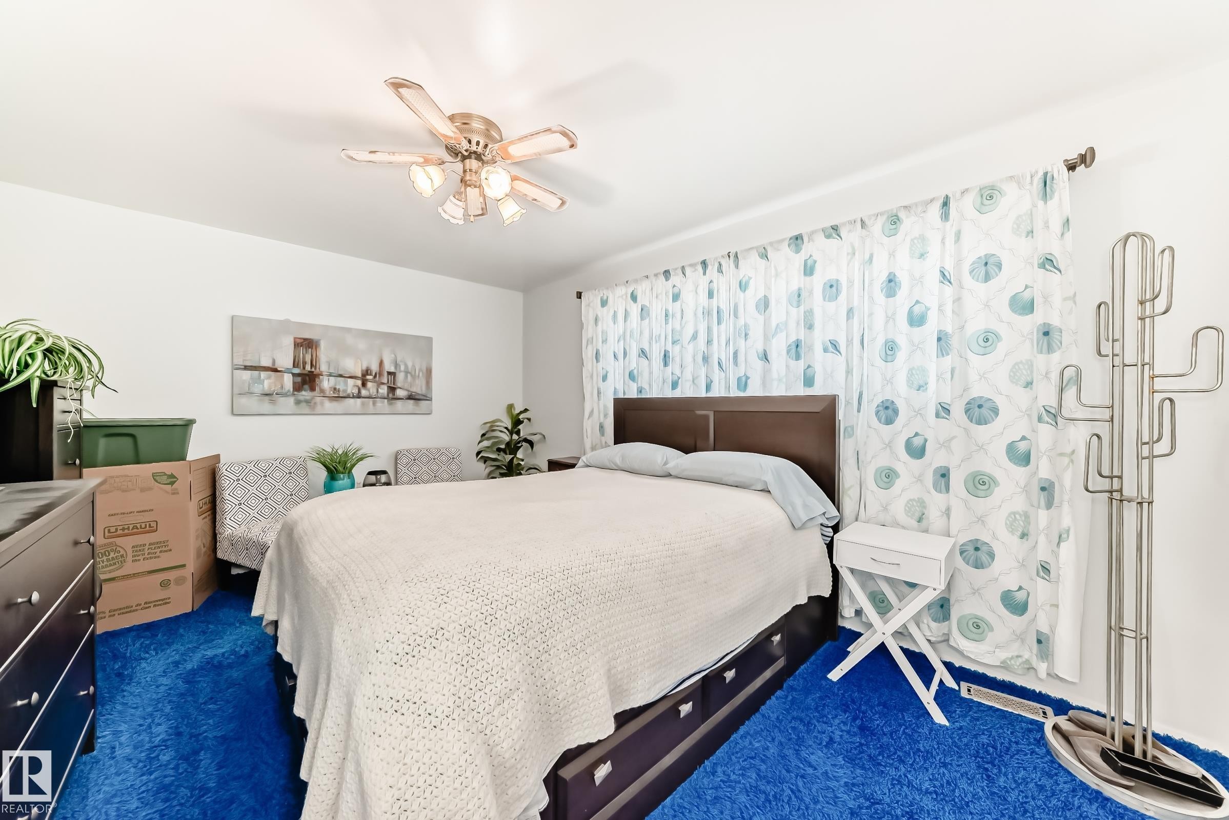 Bright room featuring a ceiling fan with integrated lighting, white walls, and blue carpeting - 3611 108 Street, Edmonton, AB - Indoor Photo Showing Bedroom