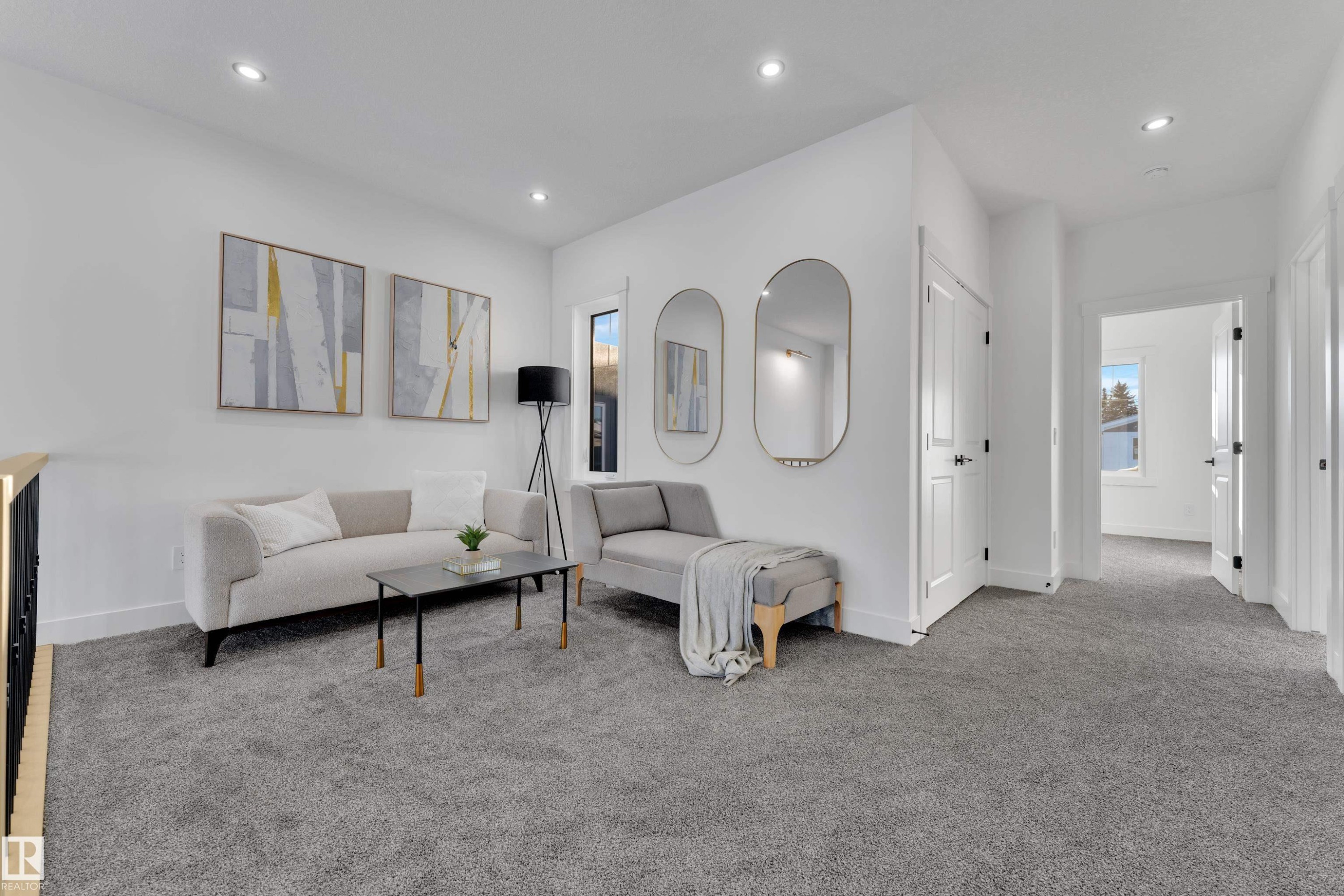 Carpeted upper-level landing with recessed lighting, white walls, and white trim - 382 Linden Loop, Leduc, AB - Indoor