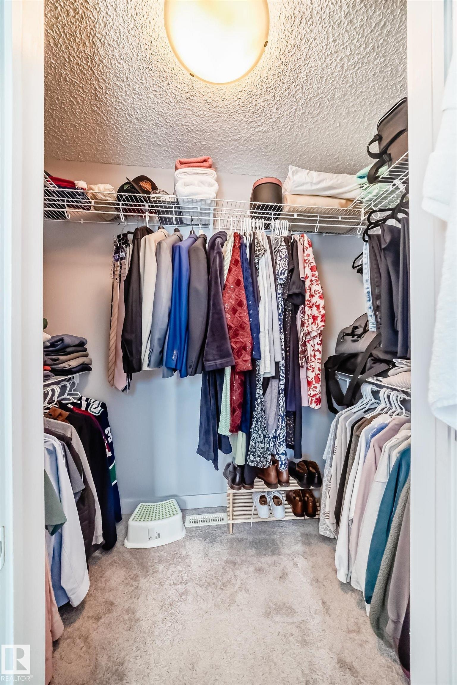 Walk-in closet featuring light gray carpeting, a built-in wire shelving system, a flush-mount ceiling light fixture - 6919 Cardinal Wynd, Edmonton, AB - Indoor With Storage