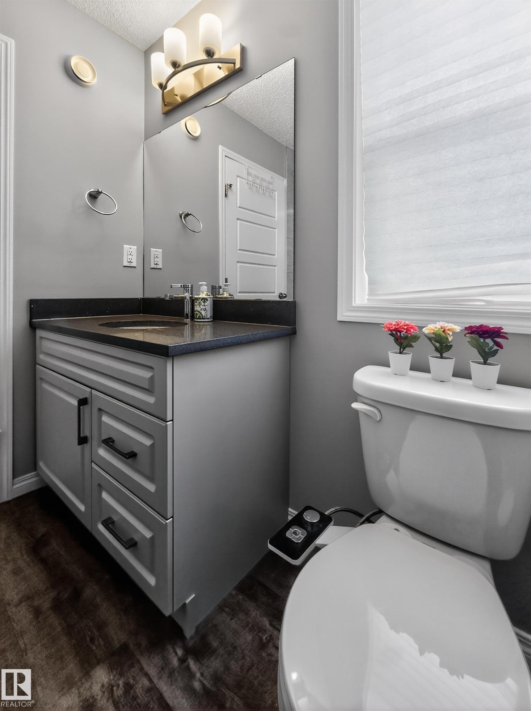 The bathroom features a vanity with a dark countertop and a white toilet - 15 2072 Wonnacott Way, Edmonton, AB - Indoor Photo Showing Bathroom