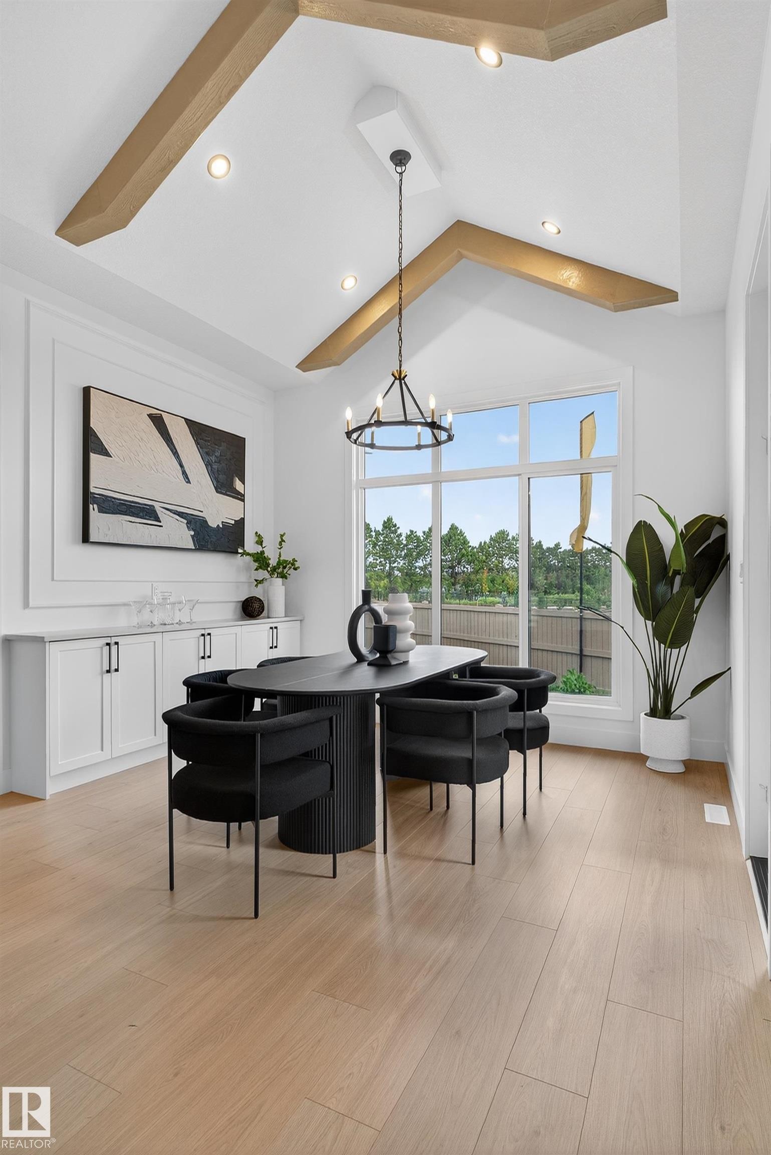 Vaulted ceiling featuring exposed wood beams and recessed lighting - 711 166 Avenue, Edmonton, AB - Indoor Photo Showing Other Room