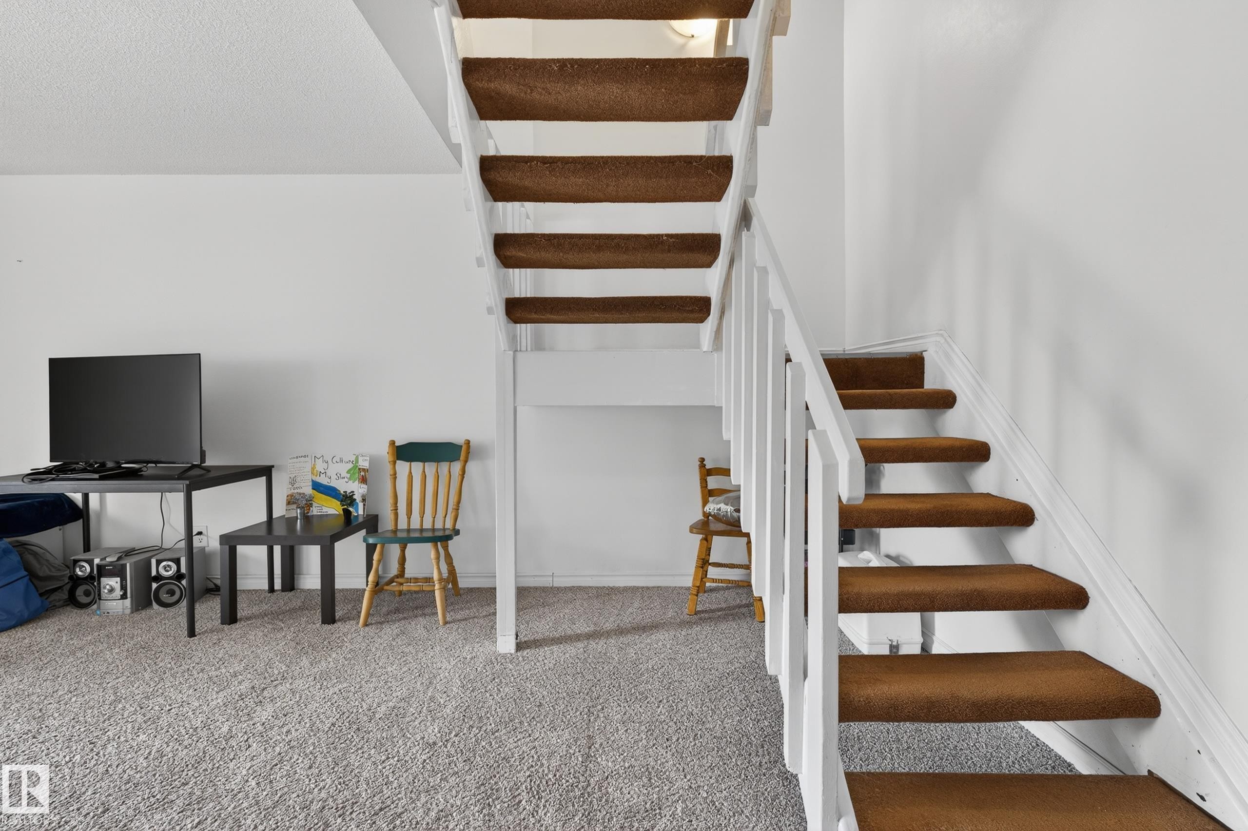 Carpeted staircase with white risers and railing - 26E Meadowlark Village, Edmonton, AB - Indoor Photo Showing Other Room