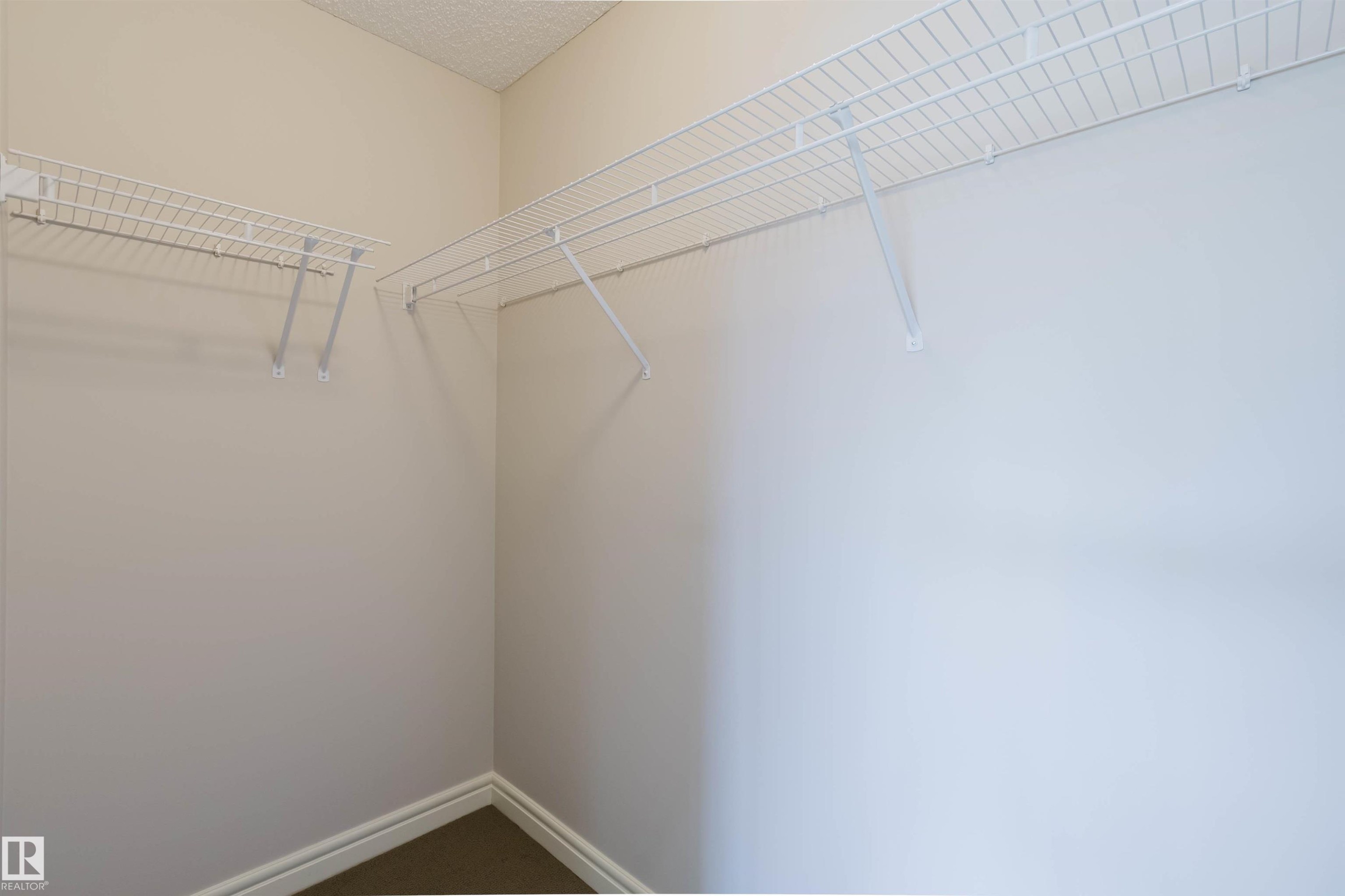 Walk-in closet featuring wire shelving, neutral wall paint, white baseboards, and carpet flooring - 1140 115 Street, Edmonton, AB - Indoor With Storage