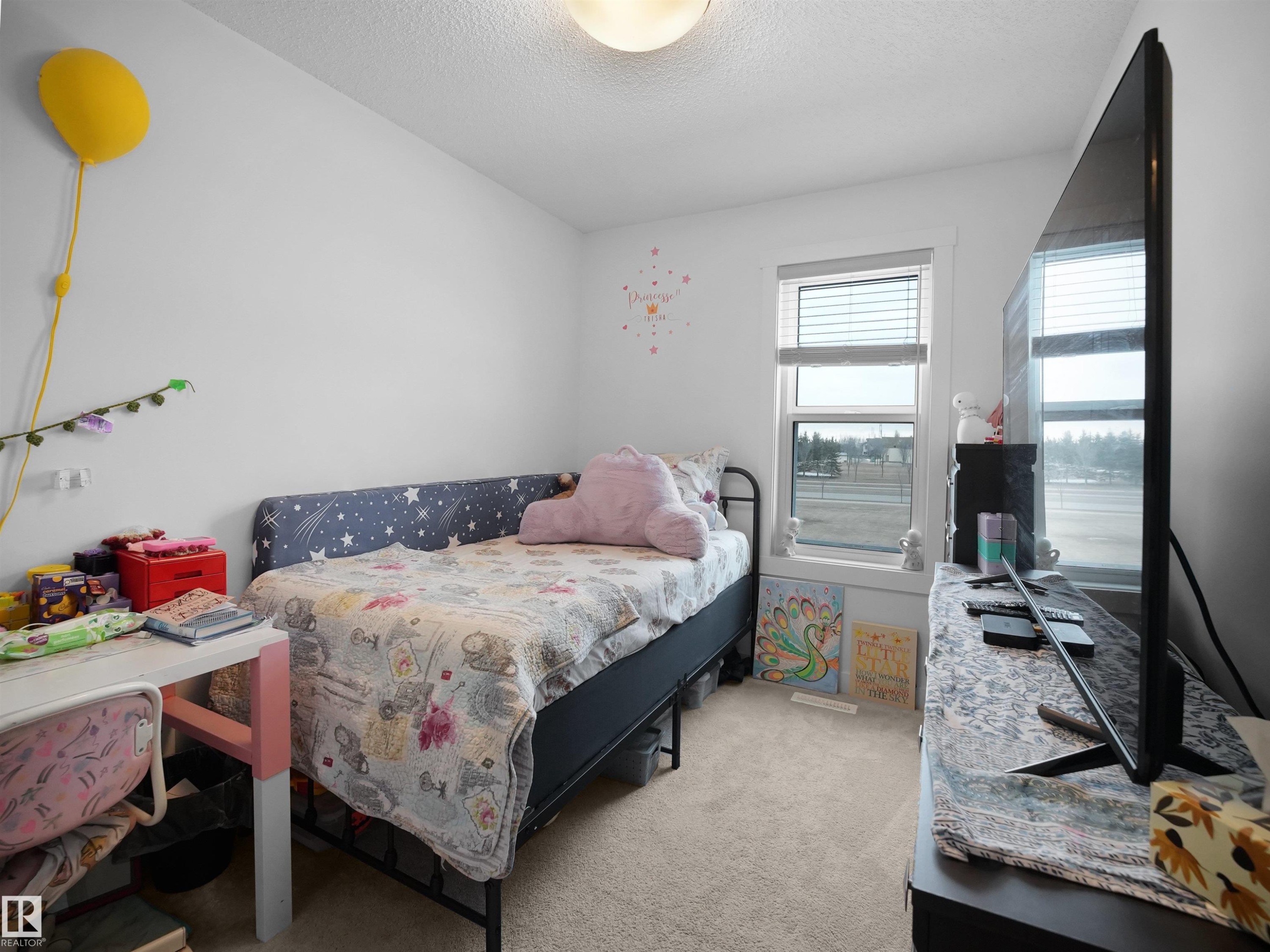 This room features a window with blinds, carpeted flooring, and a light fixture on the ceiling - 64 655 Watt Boulevard, Edmonton, AB - Indoor Photo Showing Bedroom