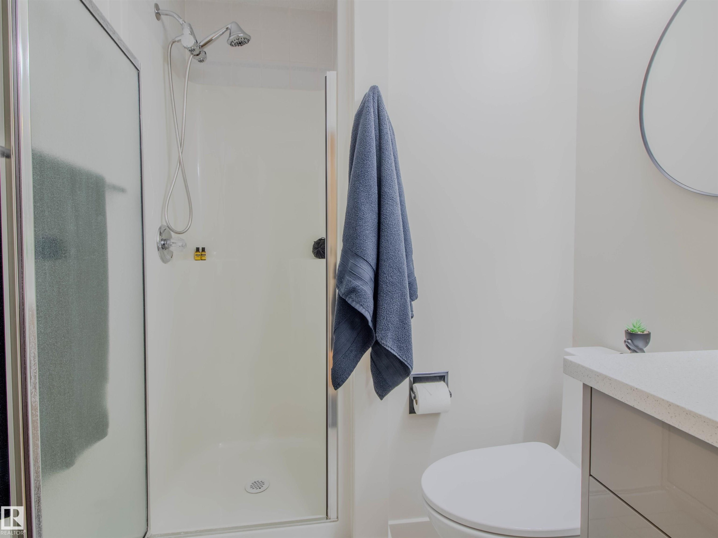 Modern bathroom featuring a glass-enclosed shower with chrome fixtures - 5935 189 Street, Edmonton, AB - Indoor Photo Showing Bathroom
