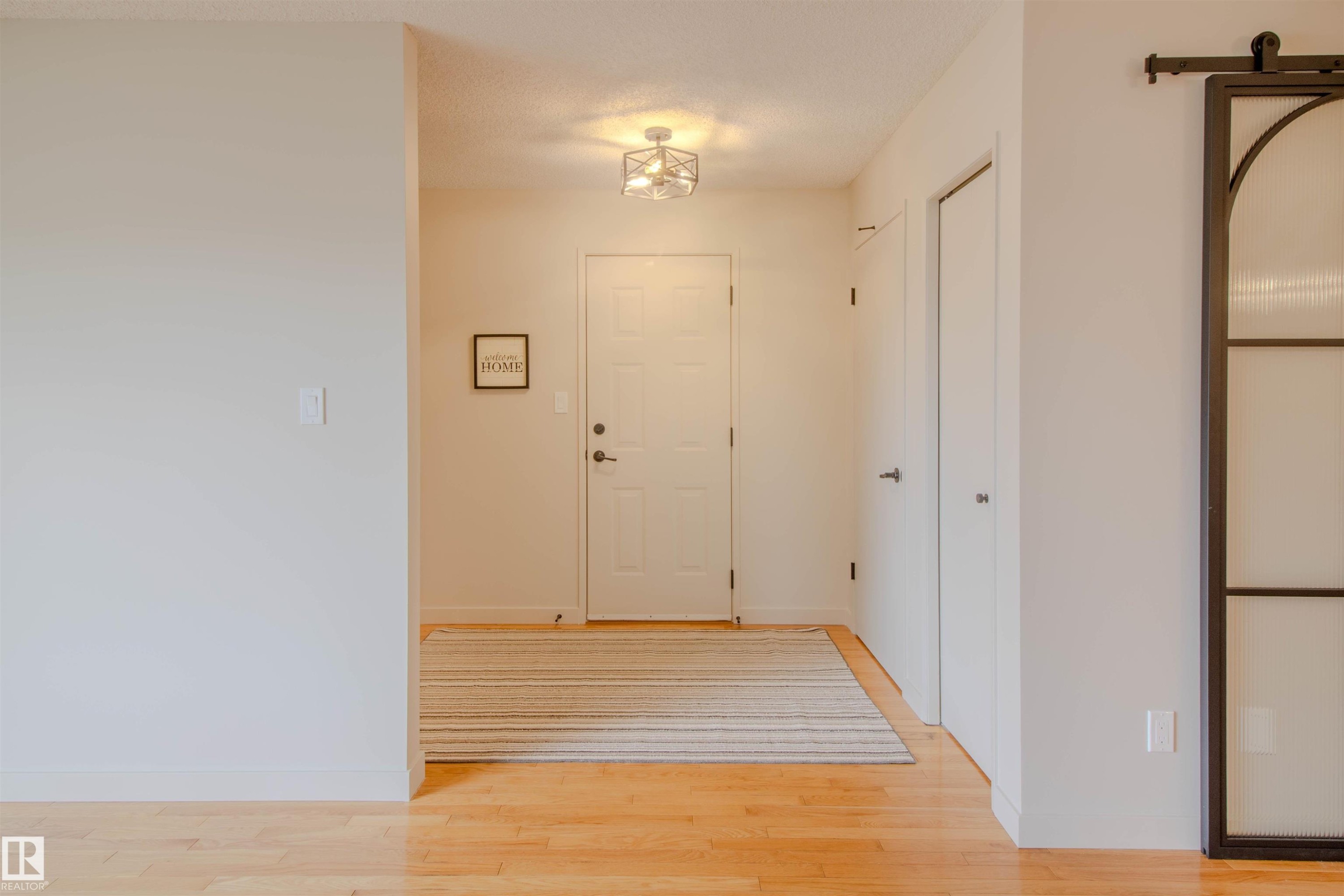 Entryway featuring wood-finish flooring, a white paneled door, flush-mount ceiling light, and a barn-style sliding door with frosted glass panels - 5935 189 Street, Edmonton, AB - Indoor Photo Showing Other Room
