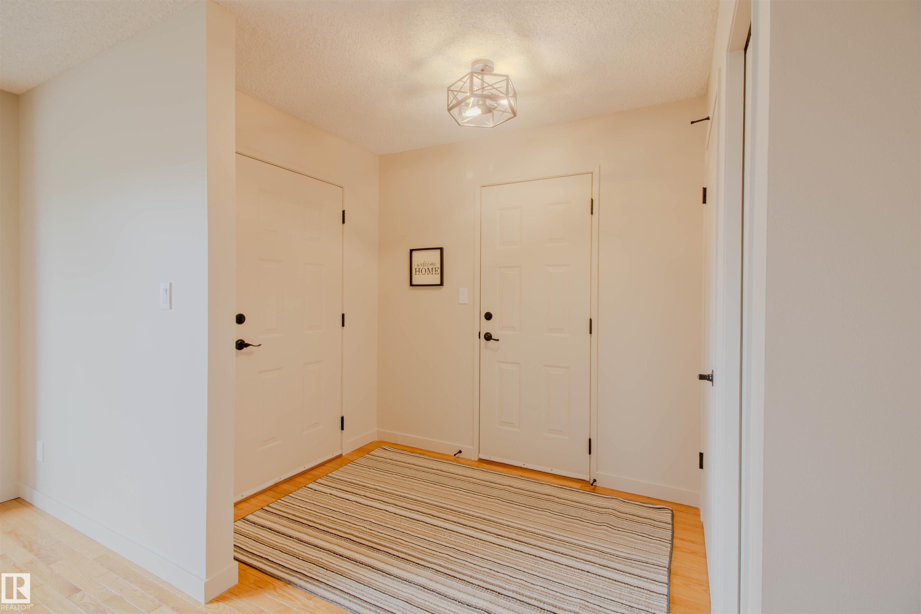 Entryway featuring wood-finish flooring, white panel doors, and a contemporary flush-mount light fixture - 5935 189 Street, Edmonton, AB - Indoor Photo Showing Other Room