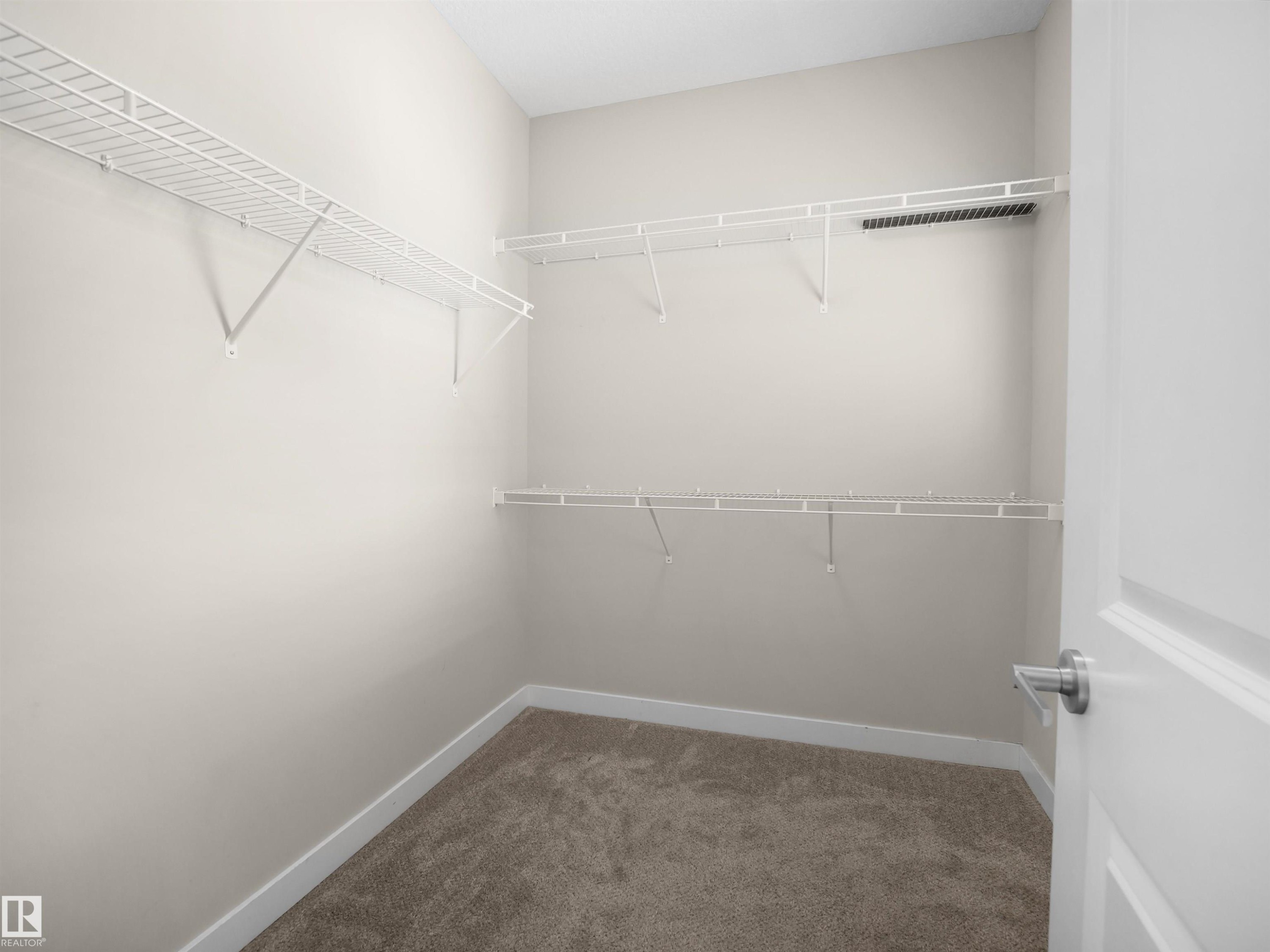 Neutral-toned walls complement the brown carpet flooring - 8921 217 Street Nw, Edmonton, AB - Indoor With Storage