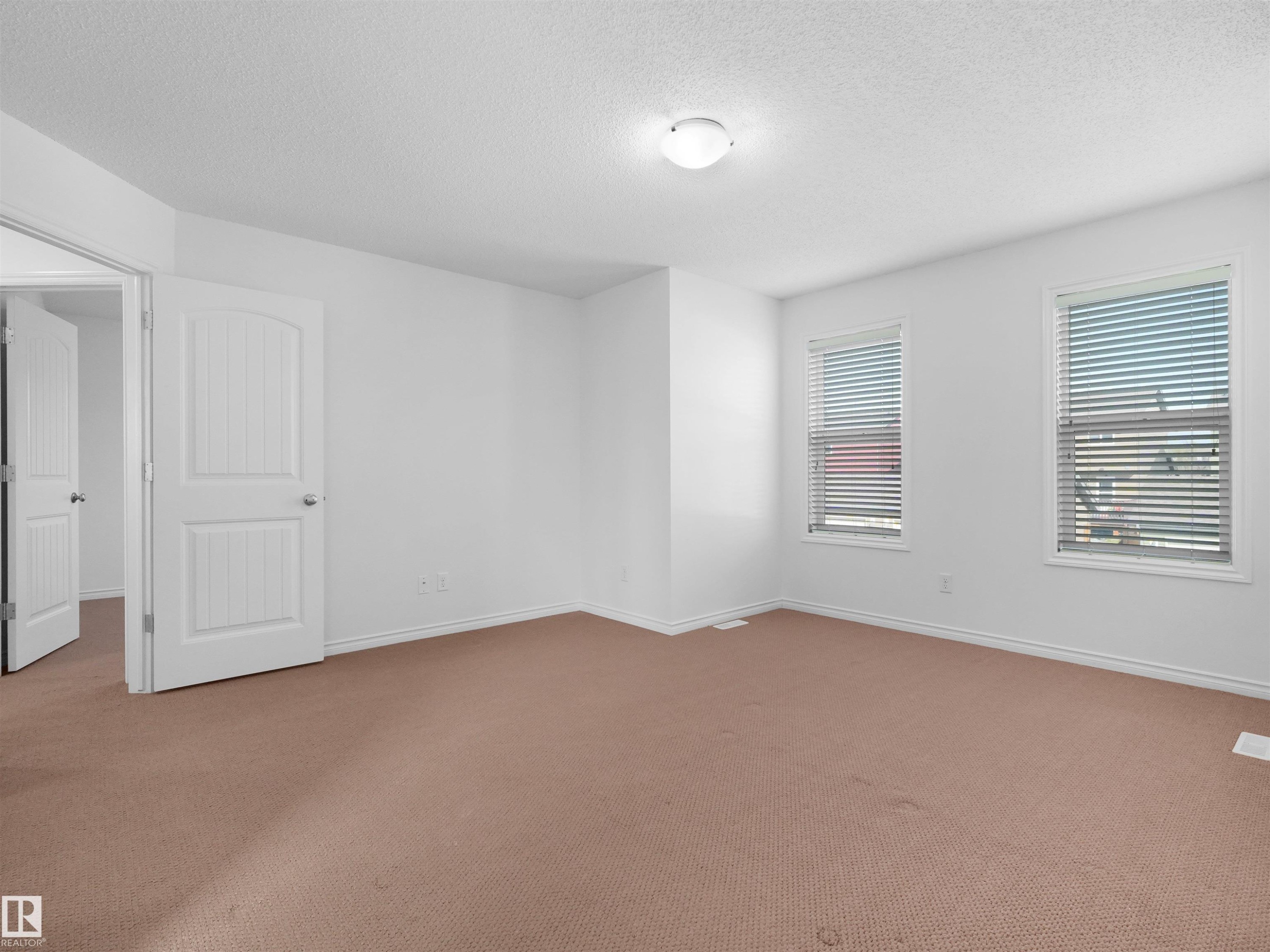Spacious room featuring neutral carpet flooring, white painted walls, two windows with horizontal blinds, and a paneled interior door - 2017 32A Street, Edmonton, AB - Indoor Photo Showing Other Room