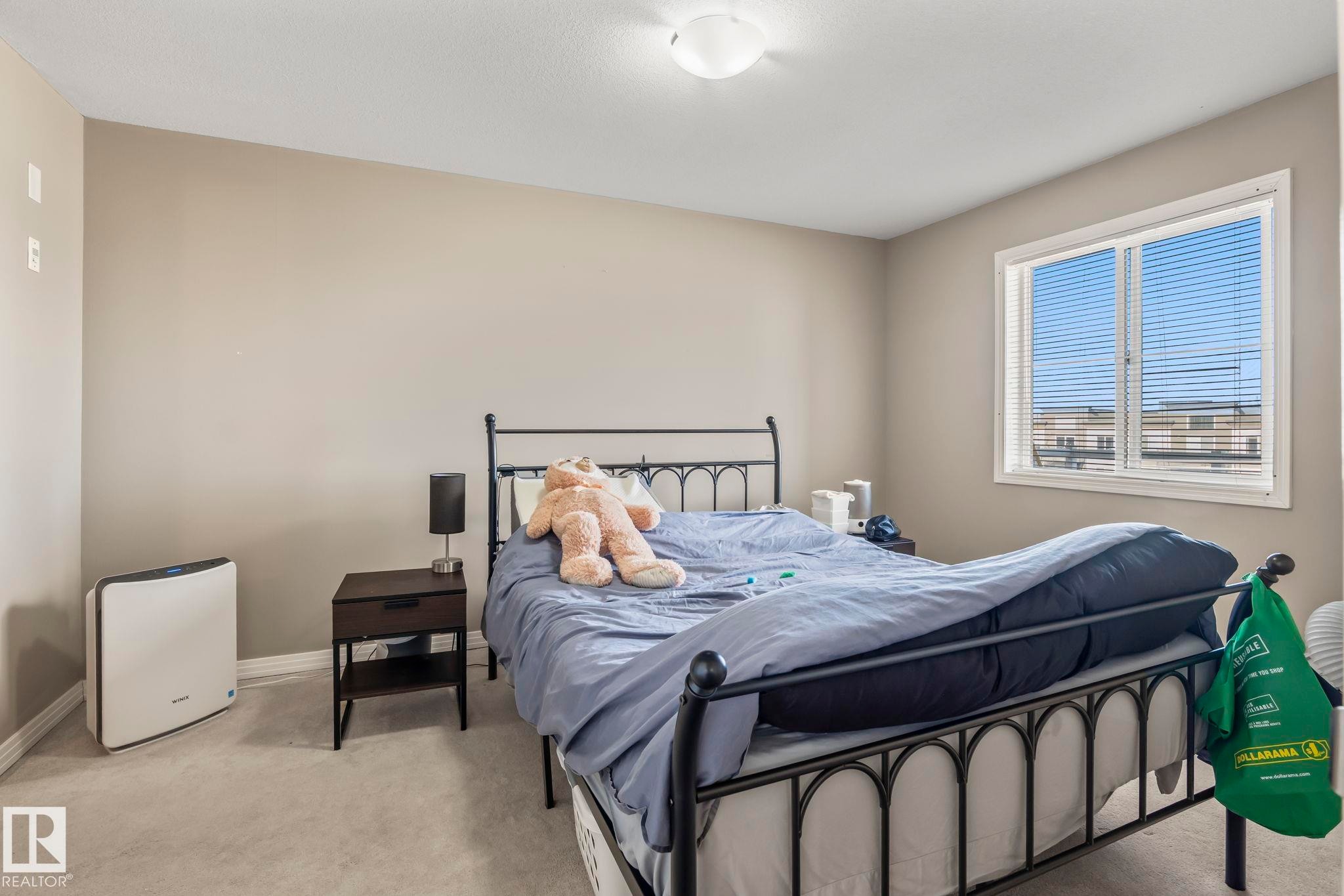 Bedroom featuring neutral wall paint, light-colored carpeting, a single window with blinds, and a flush mount ceiling light fixture - 412 5005 165 Avenue Nw, Edmonton, AB - Indoor Photo Showing Bedroom