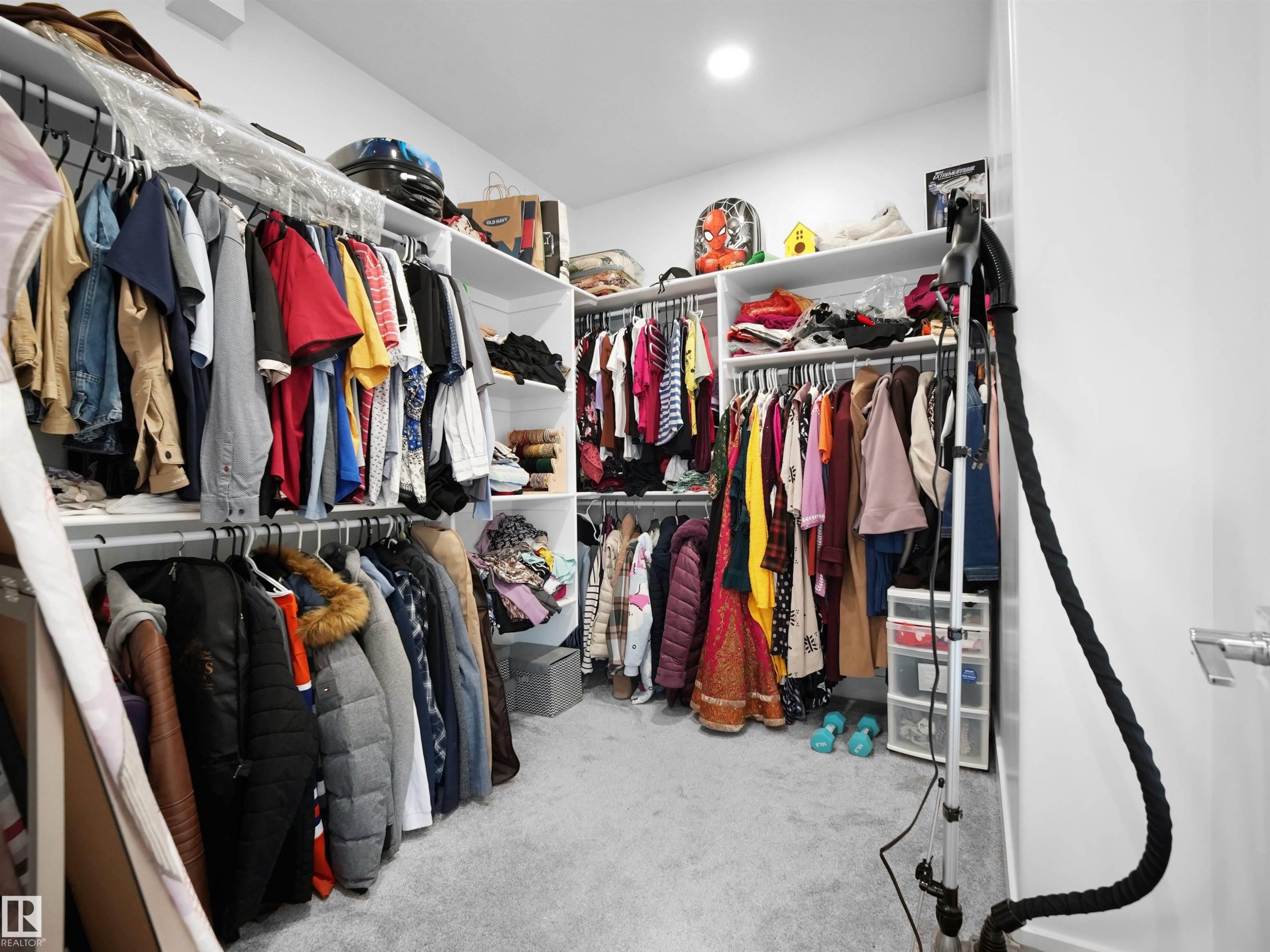 Spacious walk-in closet featuring built-in shelving, multiple hanging rods, recessed lighting, and soft carpet flooring - 1208 25 St Nw, Edmonton, AB - Indoor With Storage