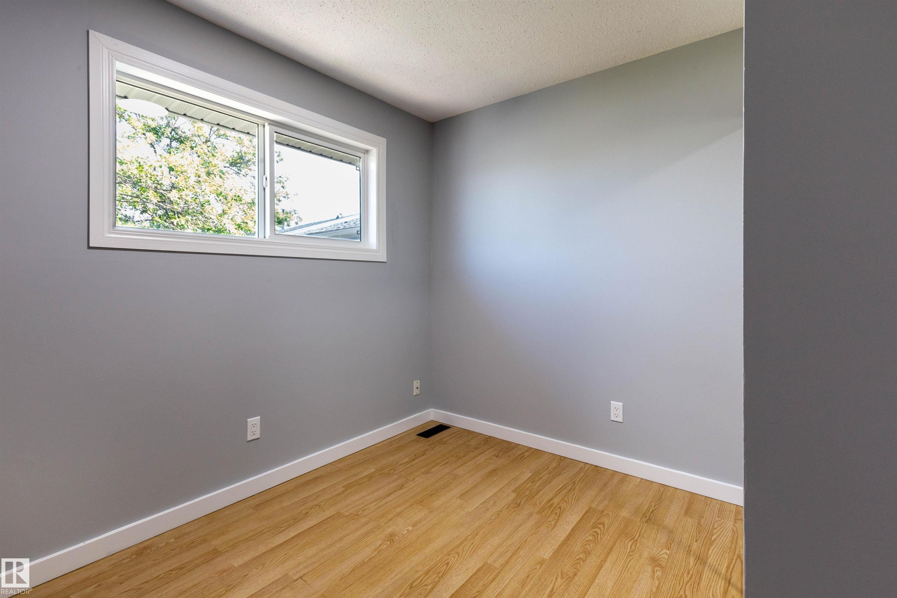 Bright room featuring wood-finish flooring, light grey walls, and white trim - 547 Dunluce Road, Edmonton, AB - Indoor Photo Showing Other Room