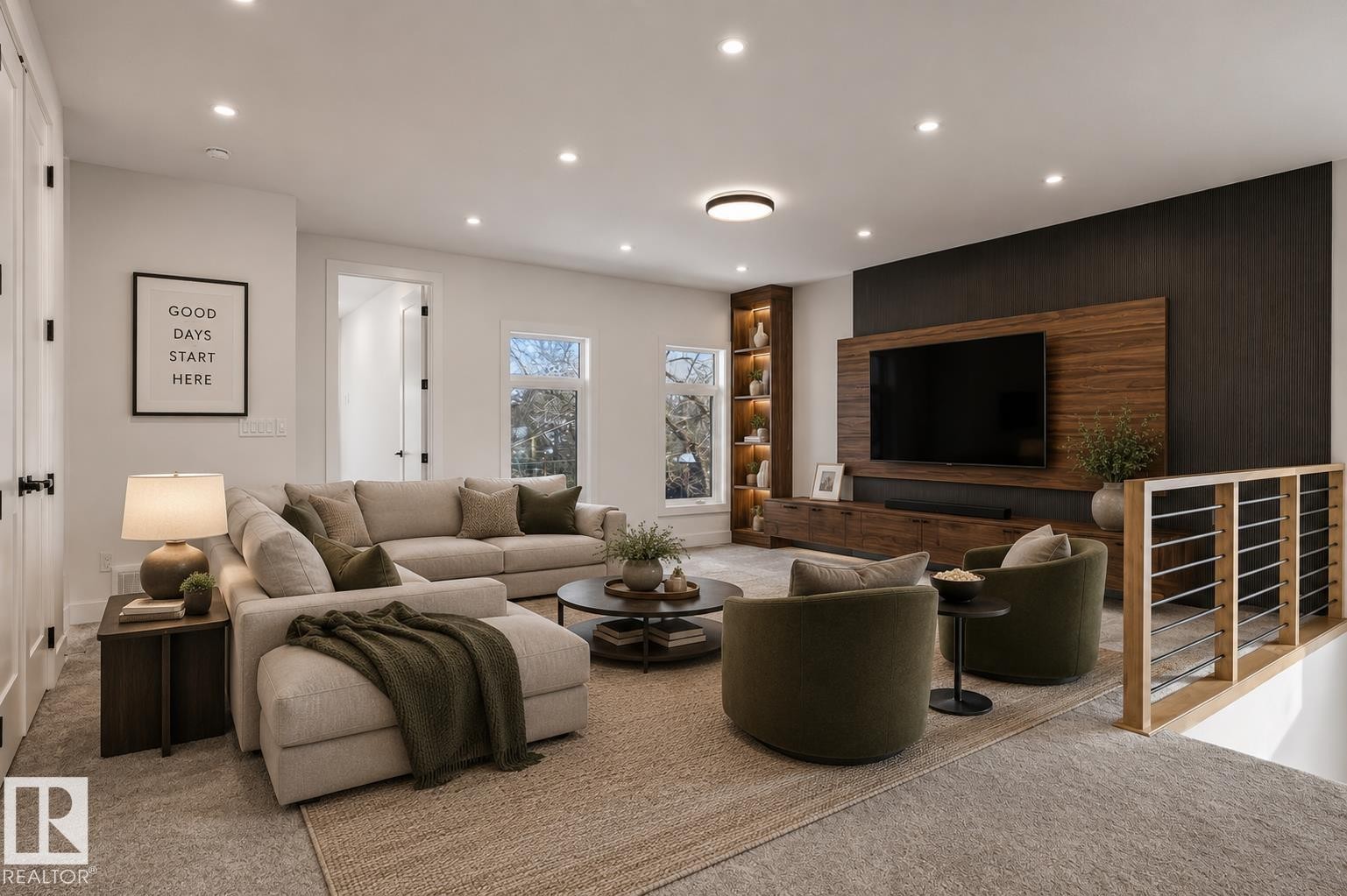 Inviting living area featuring a wood-panel media wall, recessed and flush-mount lighting, and a contemporary wood and metal railing - 5820 110 Street, Edmonton, AB - Indoor Photo Showing Living Room