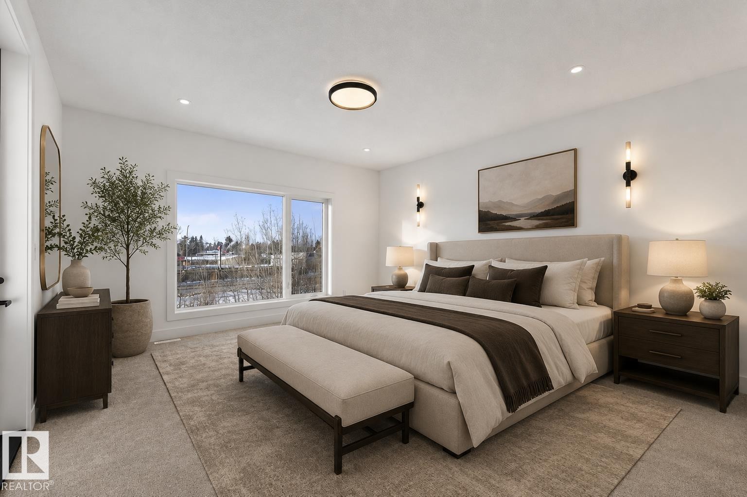 Spacious room featuring a large window, recessed lighting, wall sconces, a ceiling light fixture, and carpeted flooring - 5820 110 Street, Edmonton, AB - Indoor Photo Showing Bedroom