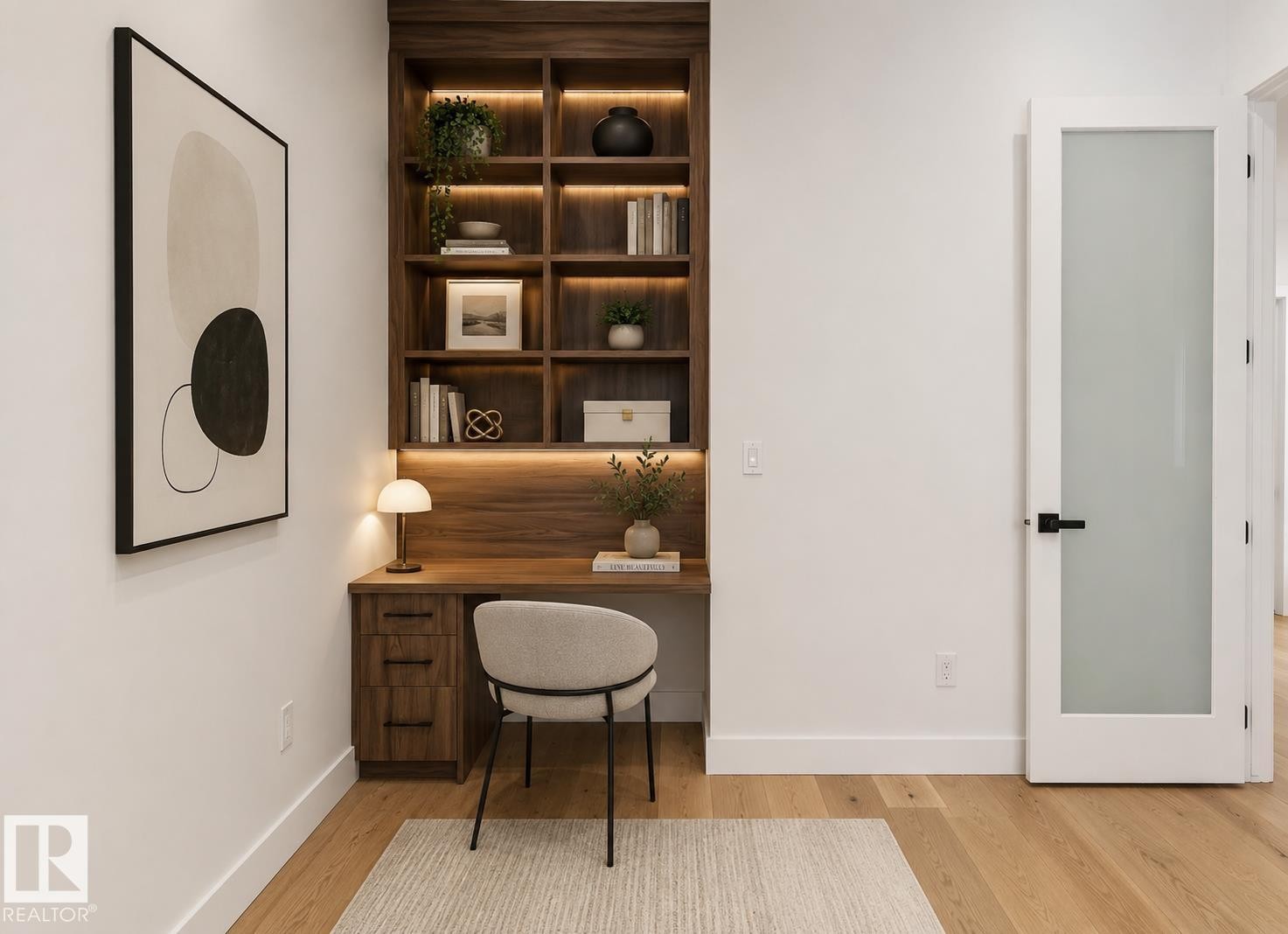 Built-in wood-finish desk and shelving unit with integrated lighting - 5820 110 Street, Edmonton, AB - Indoor