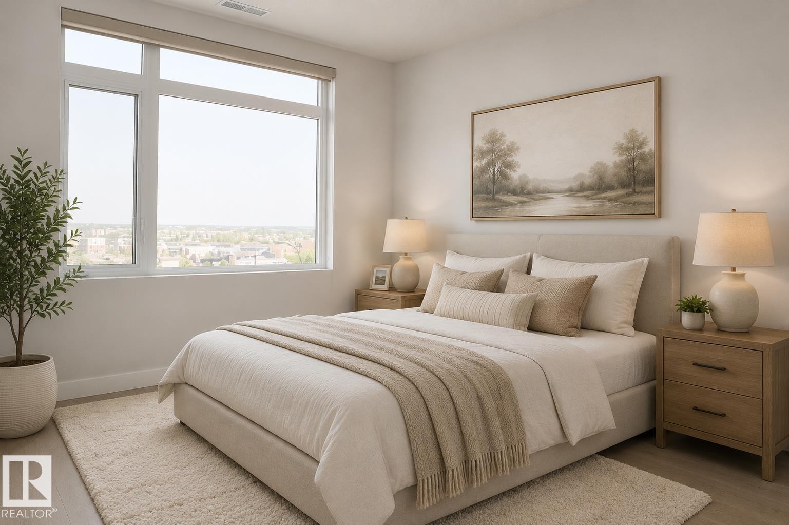 Spacious bedroom featuring large windows, light wood-finish flooring, and light-toned walls - 531 5151 Windermere Boulevard, Edmonton, AB - Indoor Photo Showing Bedroom