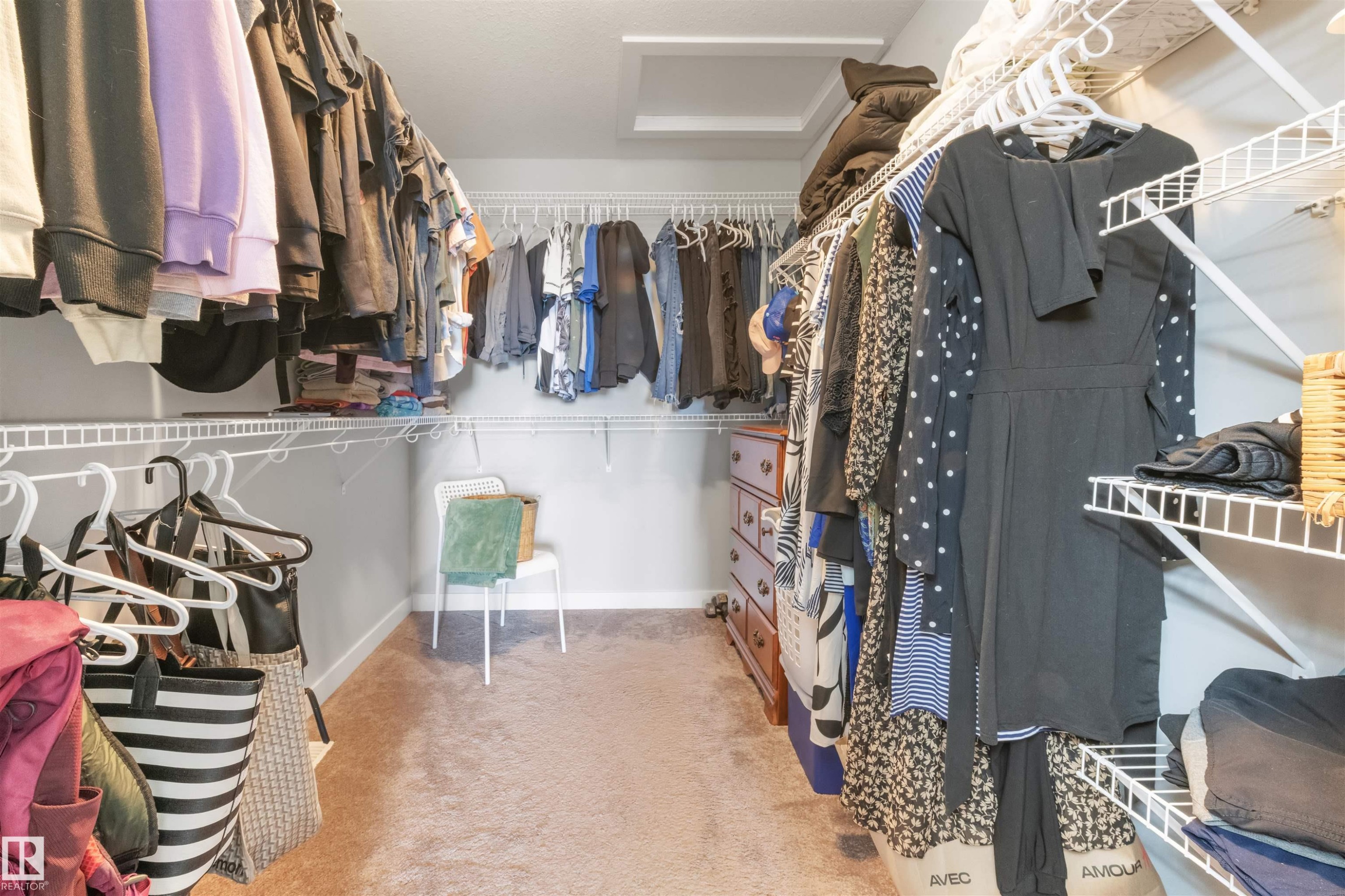 This spacious closet features carpeted flooring and white wire shelving with ample hanging space, providing extensive storage solutions - 607 40 Street Sw, Edmonton, AB - Indoor With Storage