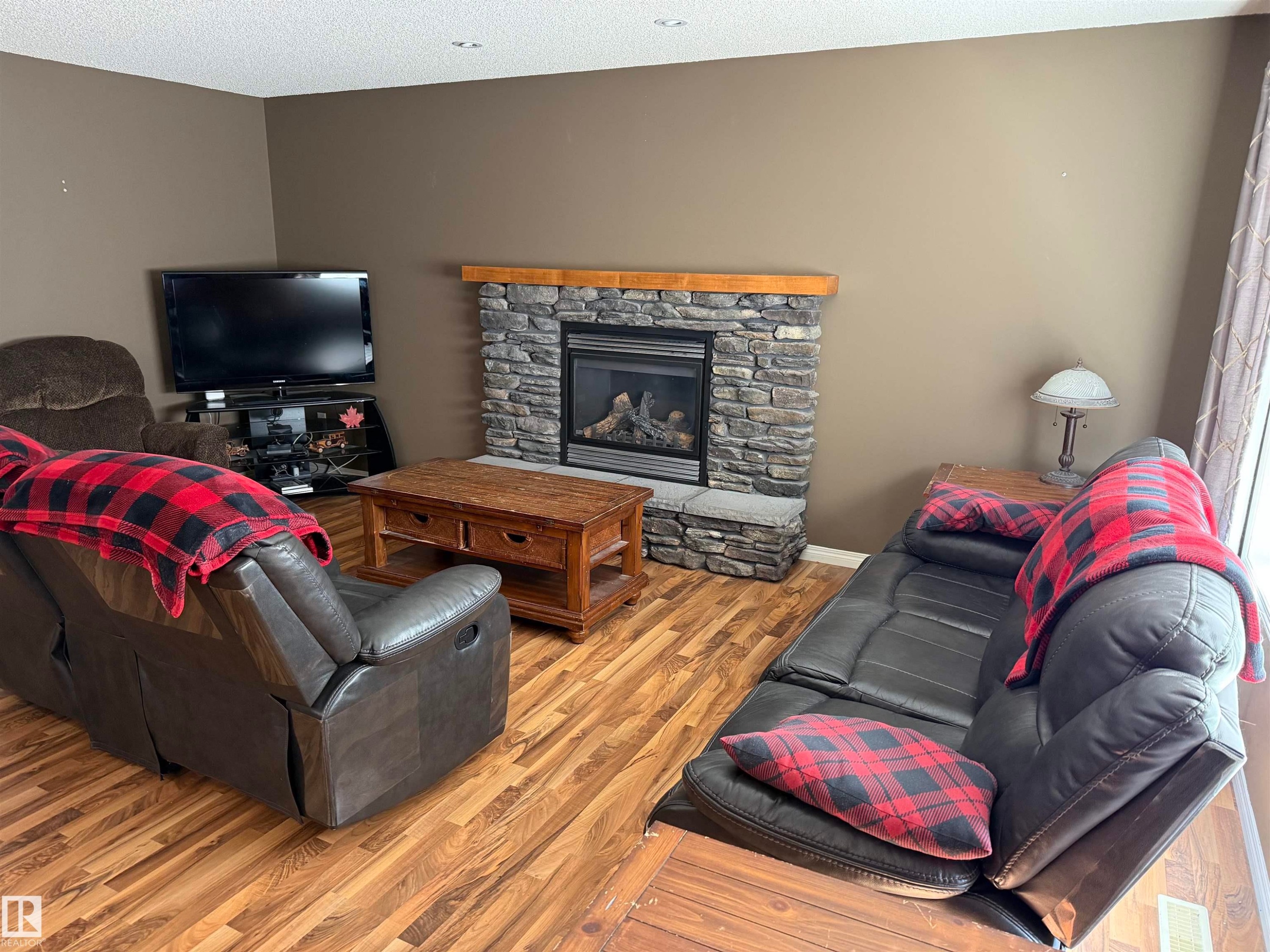 21113 92A Avenue, Edmonton, AB - Indoor Photo Showing Living Room With Fireplace