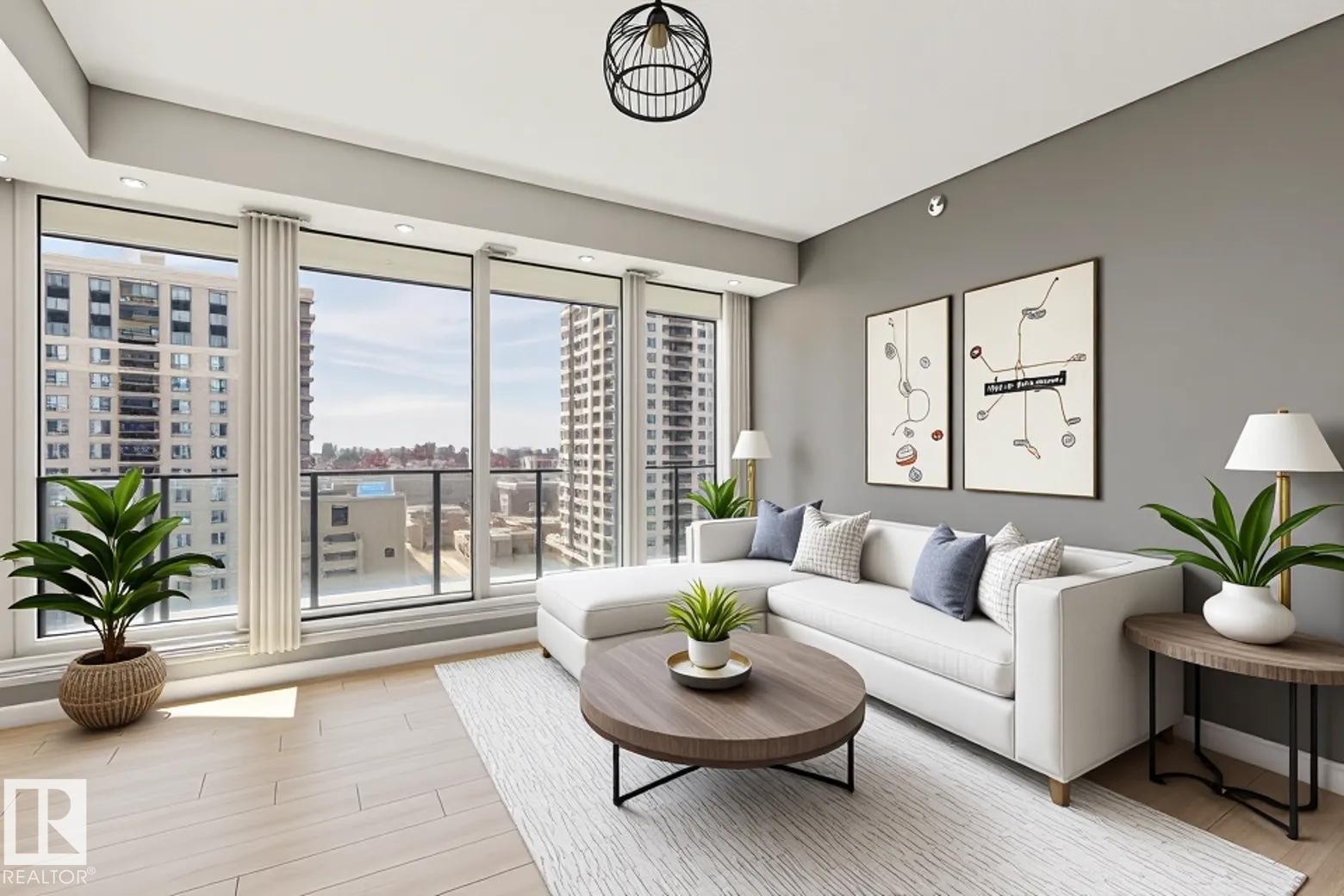 Expansive floor-to-ceiling windows with roller blinds, light wood-finish flooring, recessed ceiling lighting, a modern ceiling pendant light, and a neutral wall color - #1601 10180 103 St Nw, Edmonton, AB - Indoor Photo Showing Living Room
