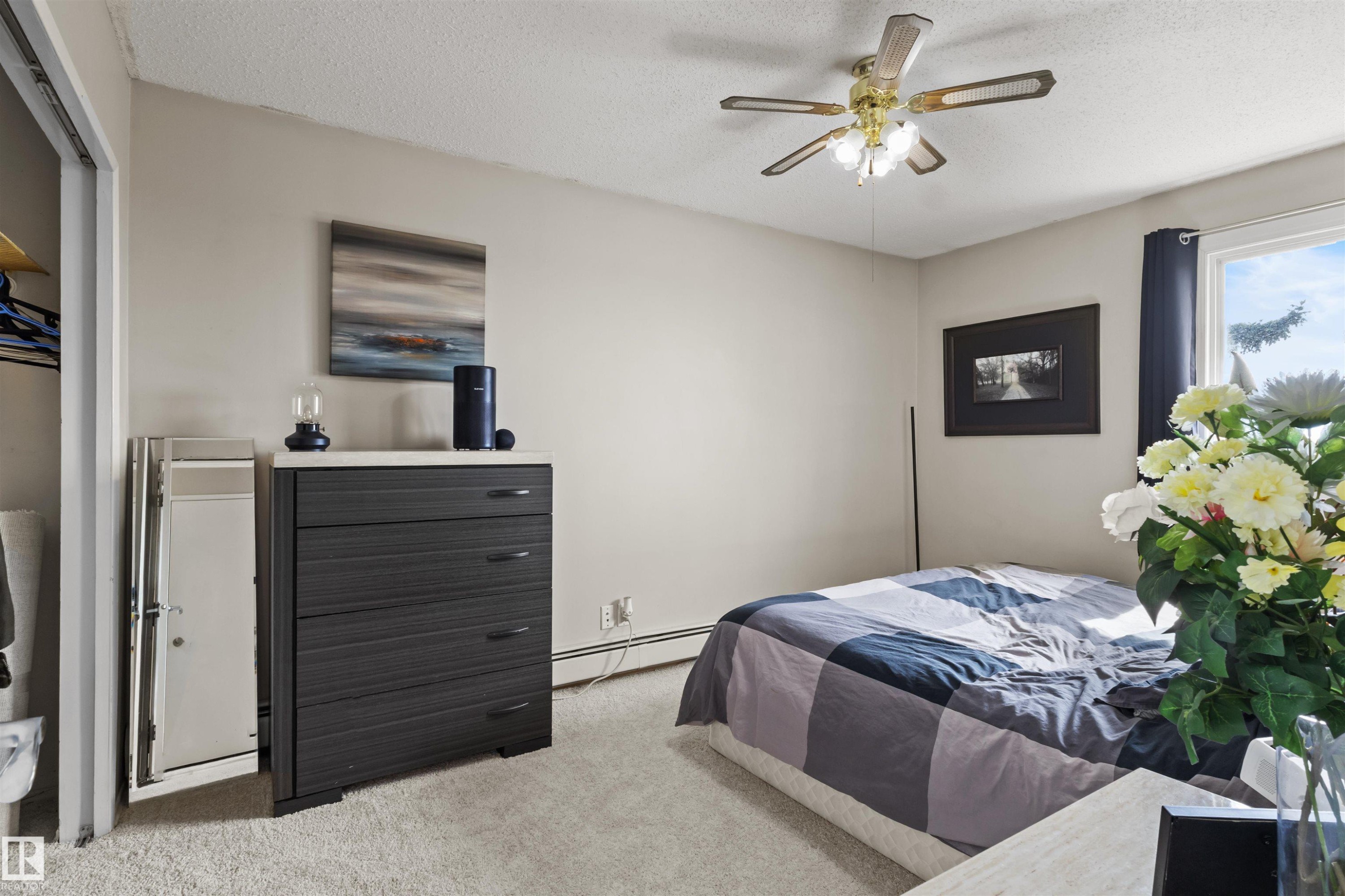 Carpeted room featuring a ceiling fan with integrated lighting, a window with dark curtain rods, and baseboard heating - 6 3803 76 Street, Edmonton, AB - Indoor Photo Showing Bedroom