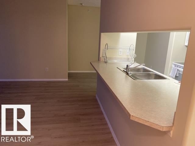 Kitchen pass-through featuring a double basin stainless steel sink and a light-toned countertop - #424 16303 95 St Nw, Edmonton, AB - Indoor Photo Showing Other Room