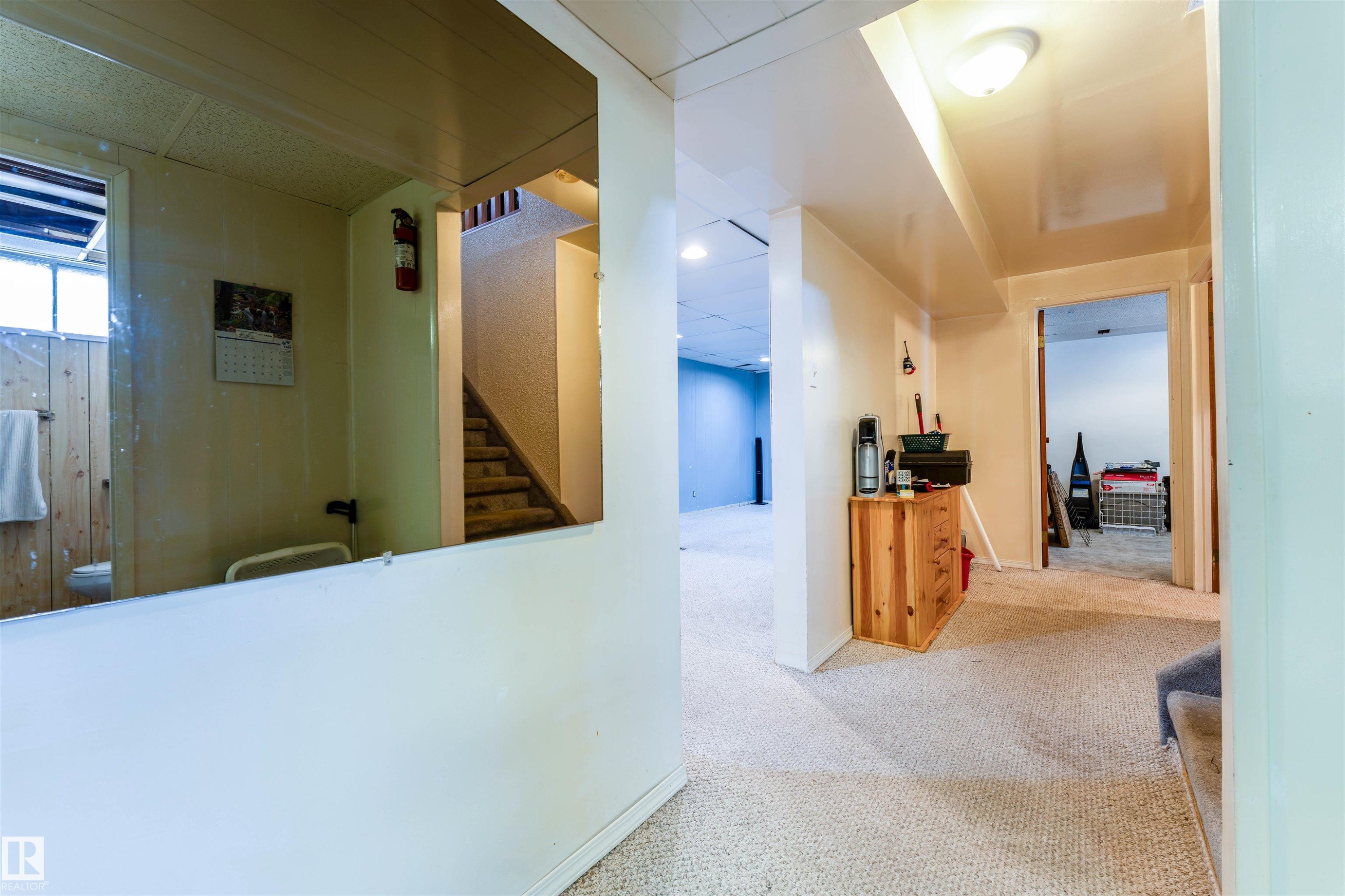 Carpeted lower level with recessed lighting and exposed ceiling beams - 13231 74 Street, Edmonton, AB - Indoor Photo Showing Other Room