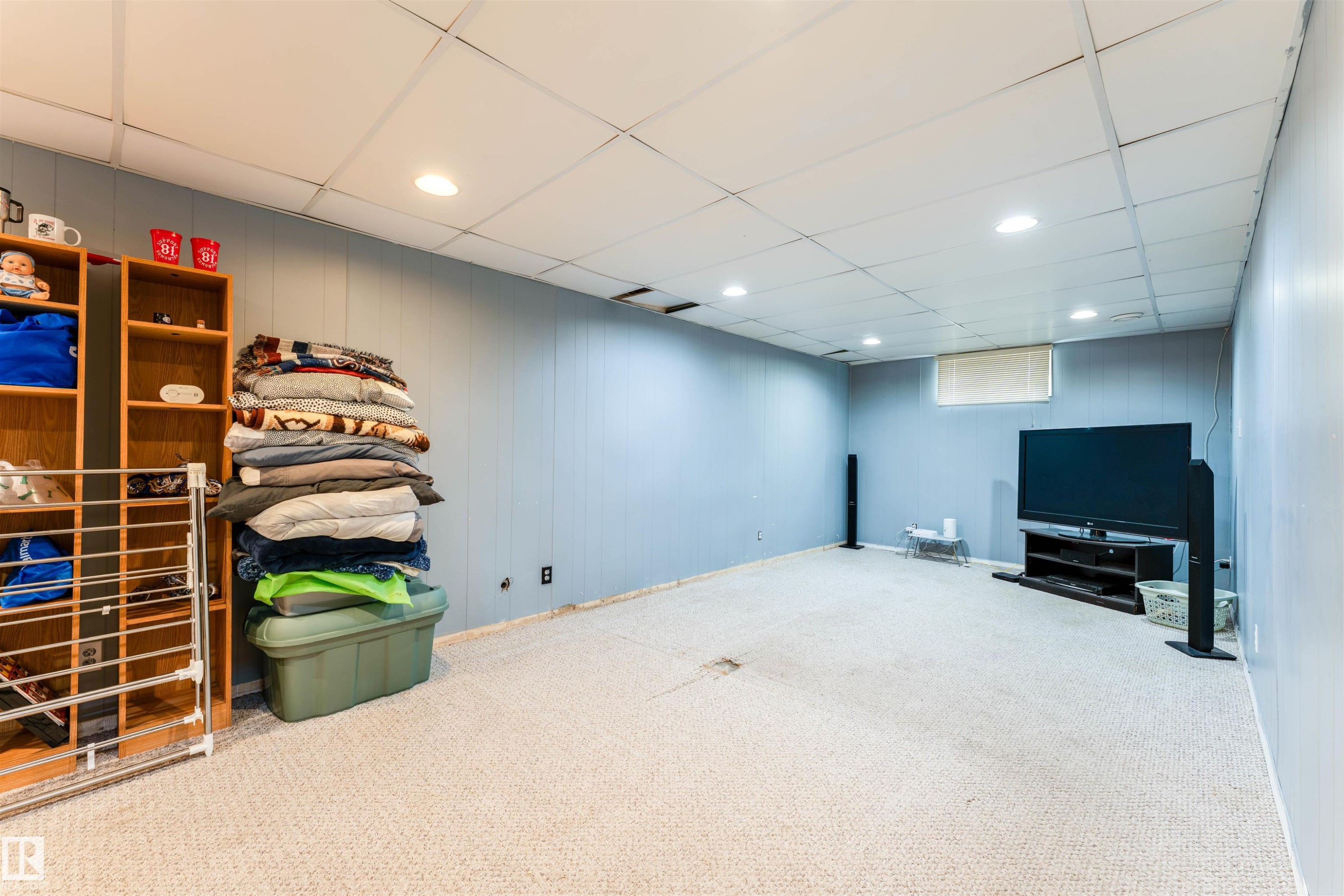 Finished basement space featuring light-toned carpeting and light blue paneled walls - 13231 74 Street, Edmonton, AB - Indoor Photo Showing Other Room