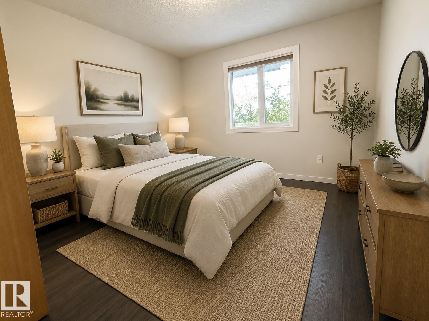 Neutral-toned bedroom featuring dark wood-finish flooring, a contemporary window, and recessed lighting - #309 10610 76 St Nw, Edmonton, AB - Indoor Photo Showing Bedroom