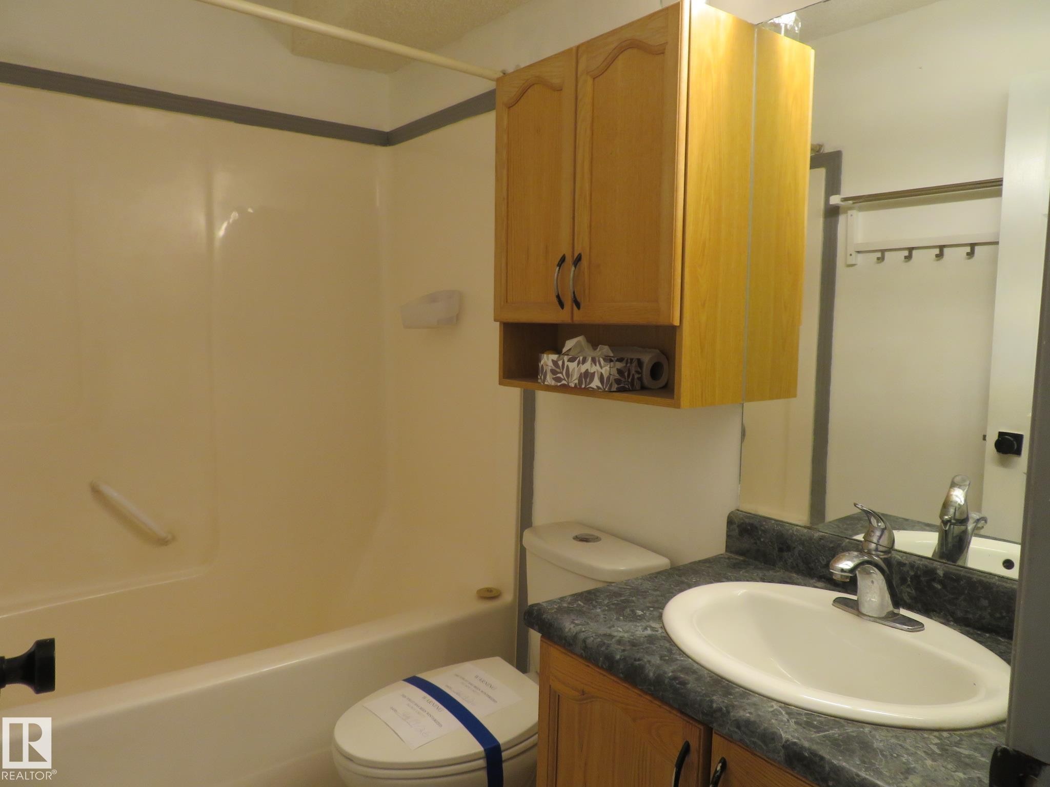 Full bathroom featuring a single vanity with a dark countertop, an oval-shaped sink, and a chrome faucet - 2945 26 Street, Edmonton, AB - Indoor Photo Showing Bathroom