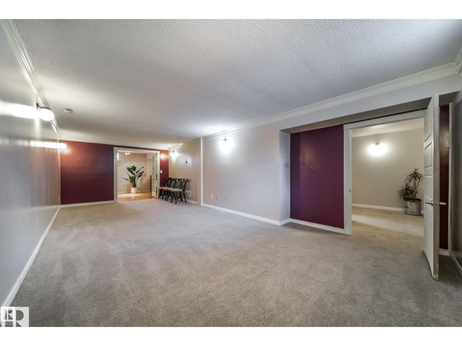 Spacious room featuring light grey carpeting and a white crown molding detail - 10231 46 Street, Edmonton, AB
