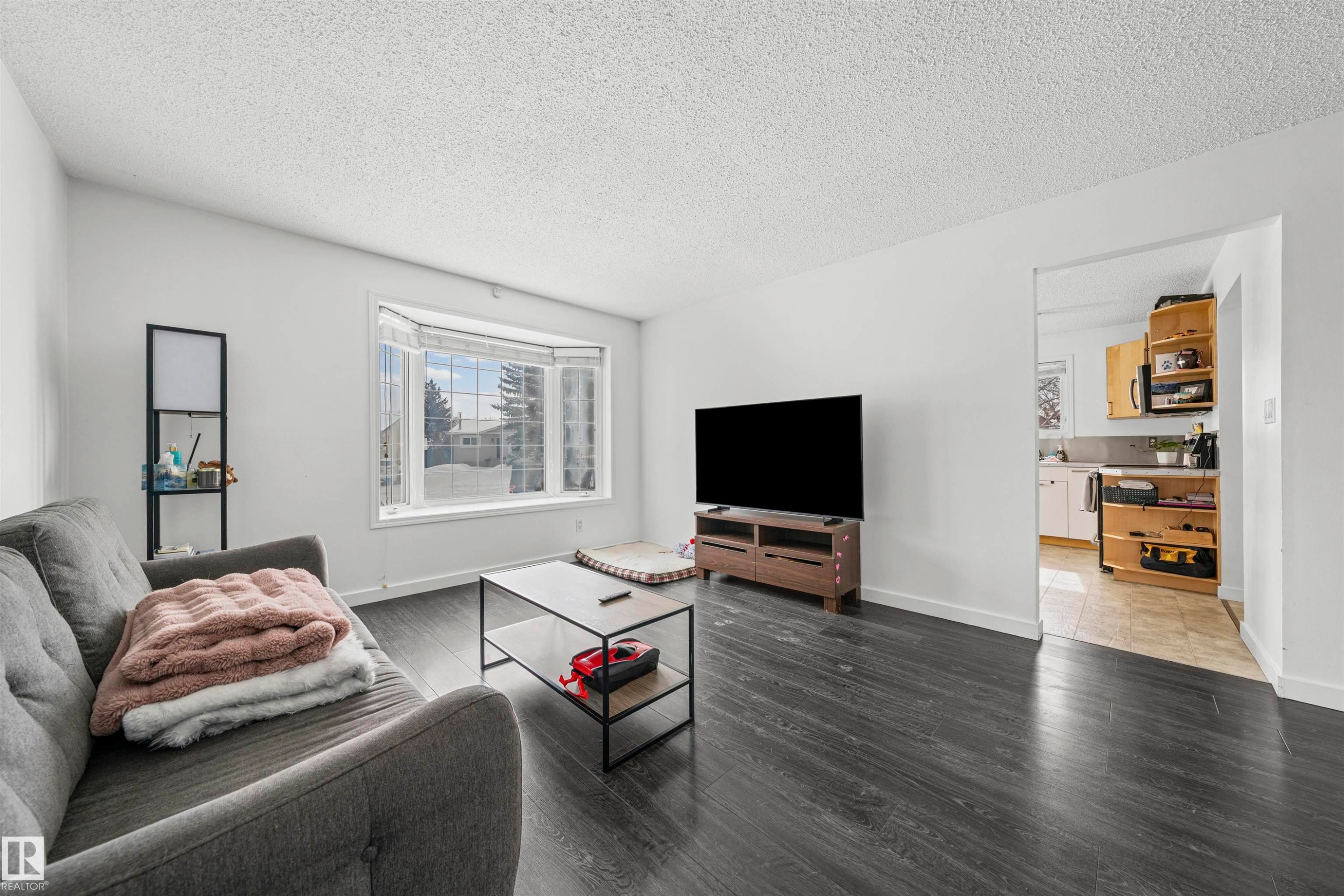 Living area featuring dark wood-finish flooring, white walls, and a bay window - 115 Warwick Road, Edmonton, AB - Indoor Photo Showing Living Room