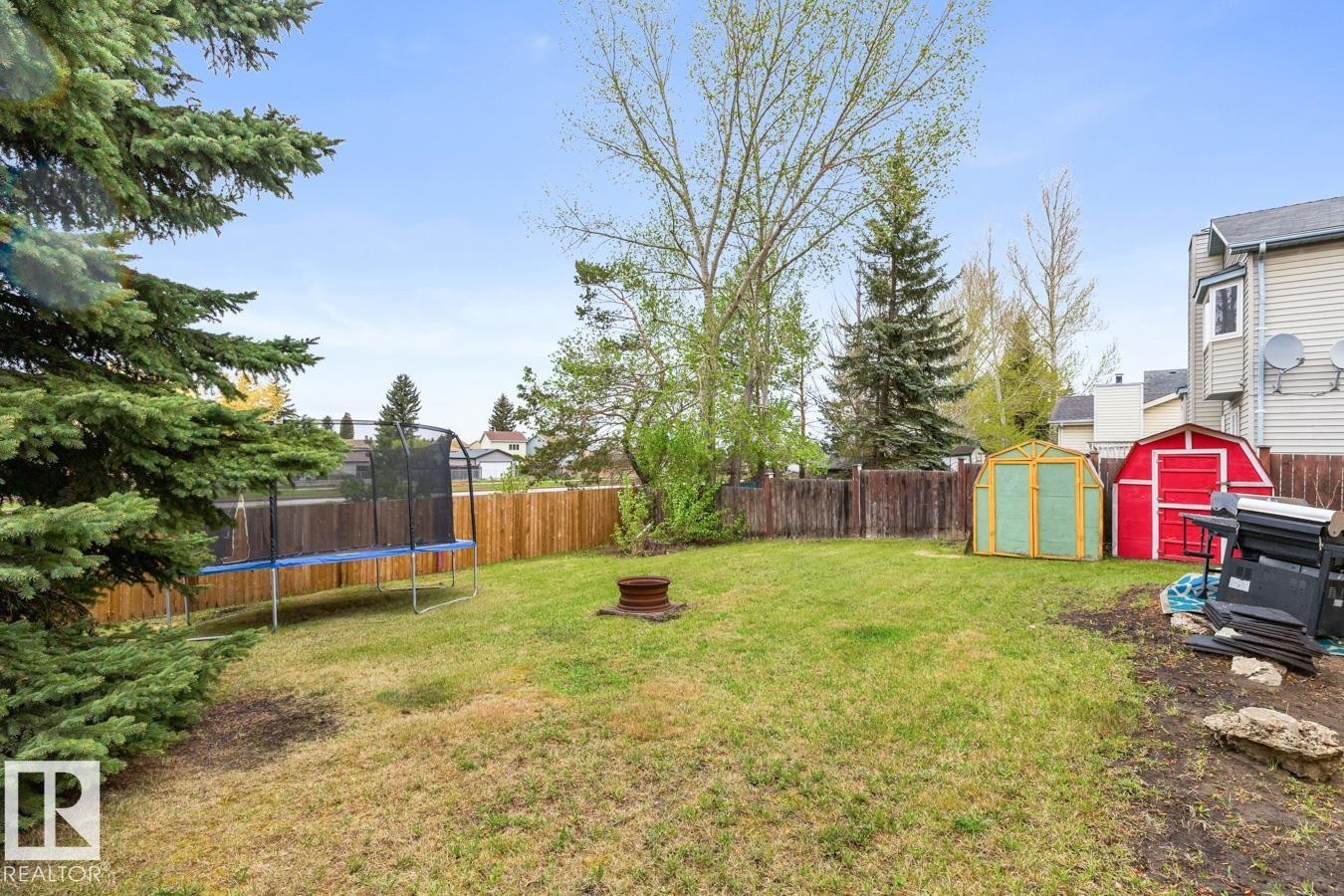 Expansive backyard featuring a manicured lawn, established perimeter fencing, two storage sheds, a built-in fire pit, and mature evergreen landscaping - 4340 33 Street, Edmonton, AB - Outdoor With Backyard