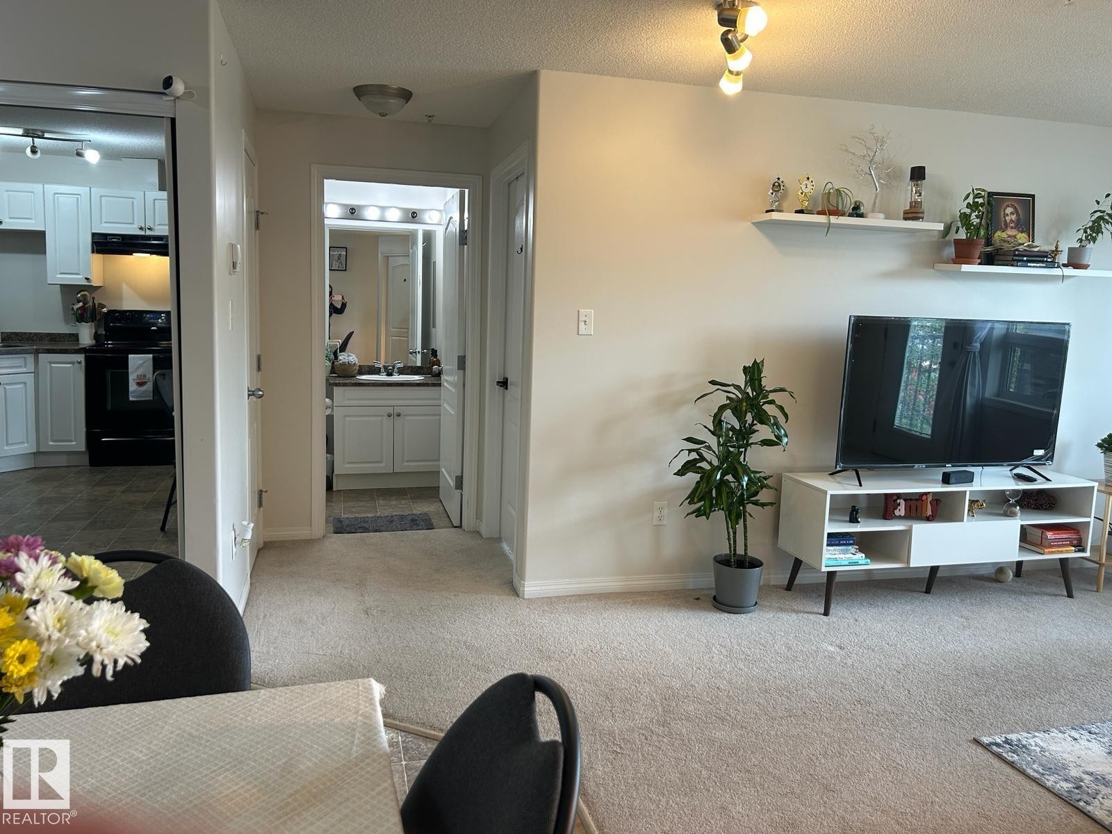 Carpeted living area featuring track lighting and wall-mounted shelving - 1228 9363 Simpson Drive, Edmonton, AB - Indoor