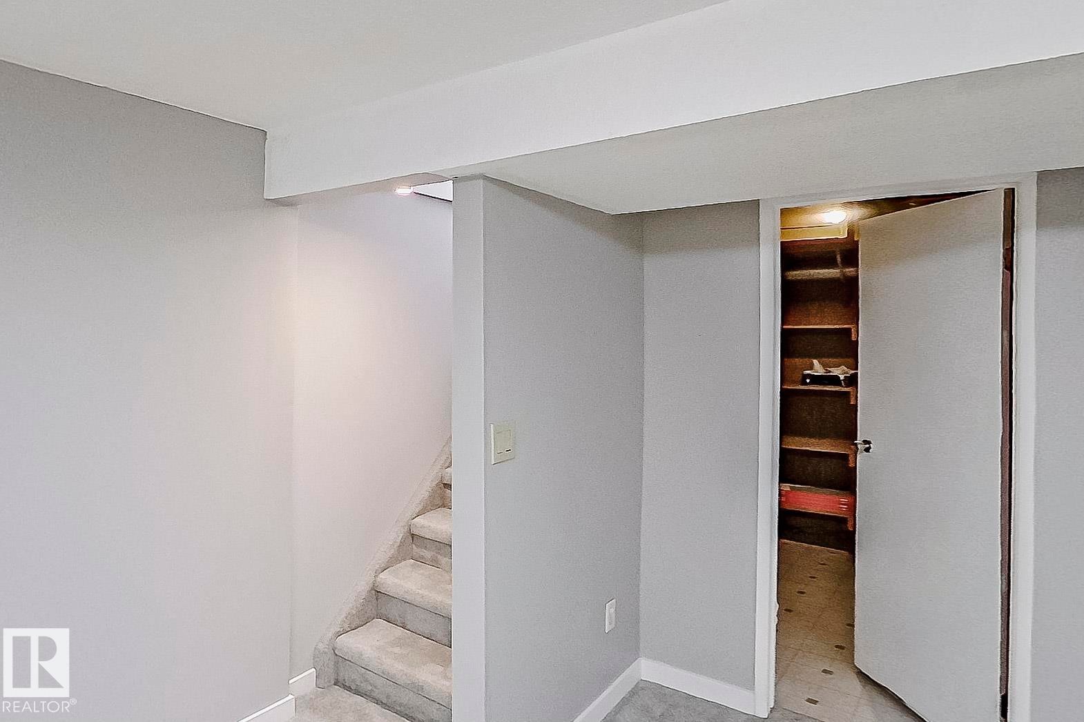 Staircase to basement with new plush carpet. This rear entry would be ideal for a future suite. Storage room is on the right. - 11436 161 Avenue, Edmonton, AB - Indoor Photo Showing Other Room