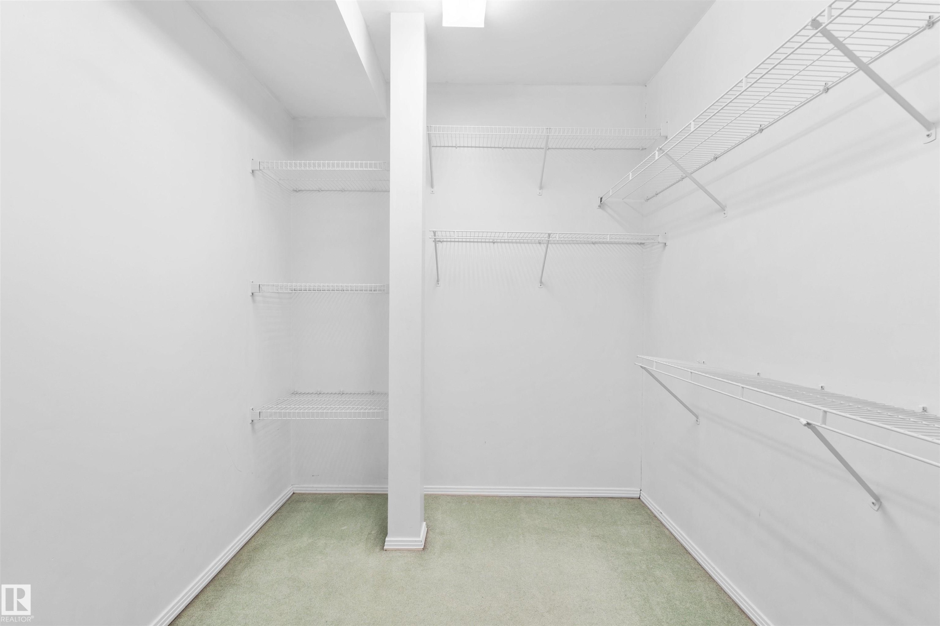 Walk-in closet with light green carpeting, white walls, and wire shelving system - 205 10939 82 Avenue, Edmonton, AB - Indoor With Storage