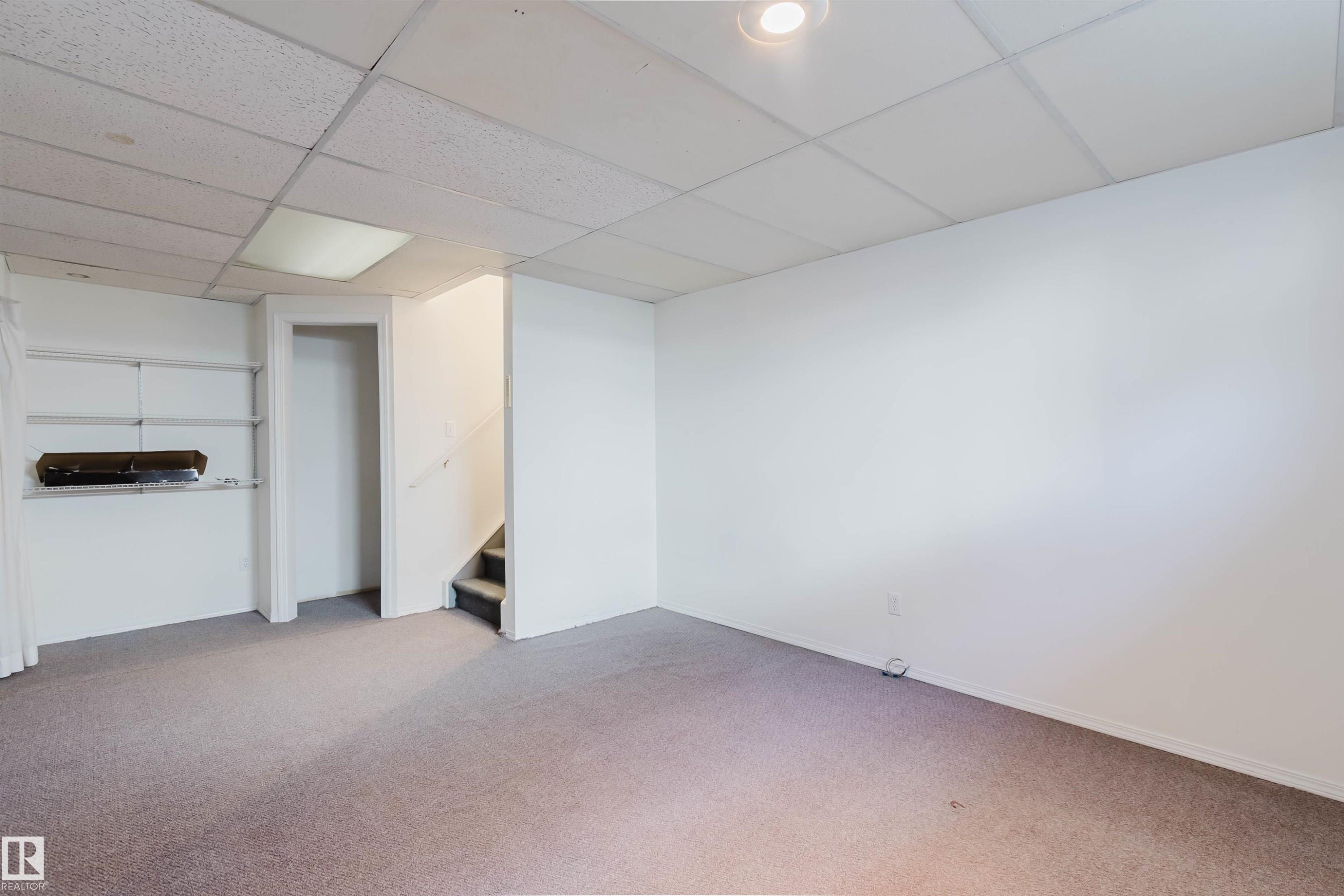 Carpeted room featuring a drop ceiling with recessed lighting and a fluorescent light panel - 13755 131B Avenue, Edmonton, AB - Indoor Photo Showing Other Room