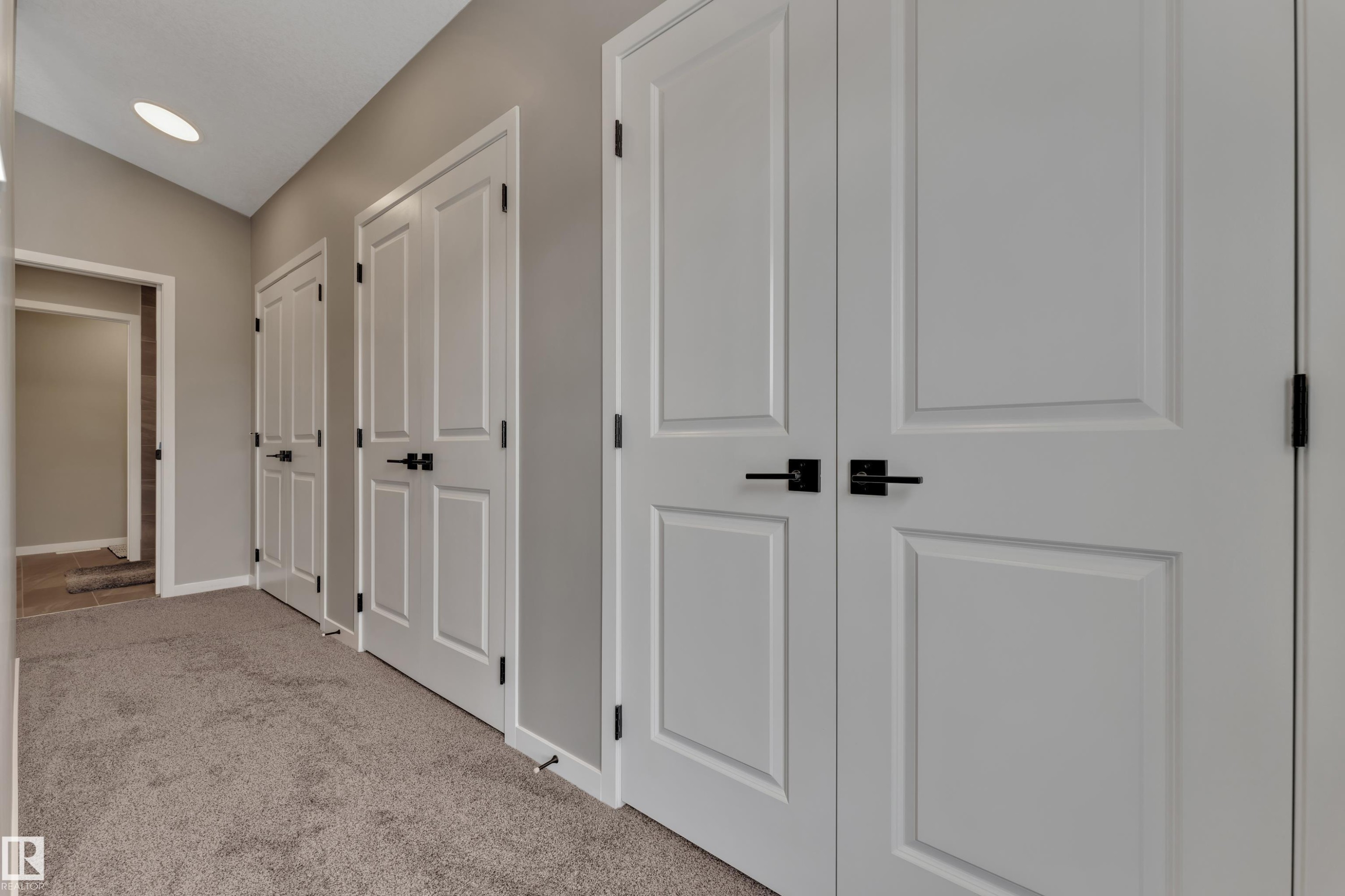 Hallway featuring carpet flooring, painted walls, white doors with dark hardware, and an overhead light fixture - 21853 98A Avenue, Edmonton, AB - Indoor Photo Showing Other Room