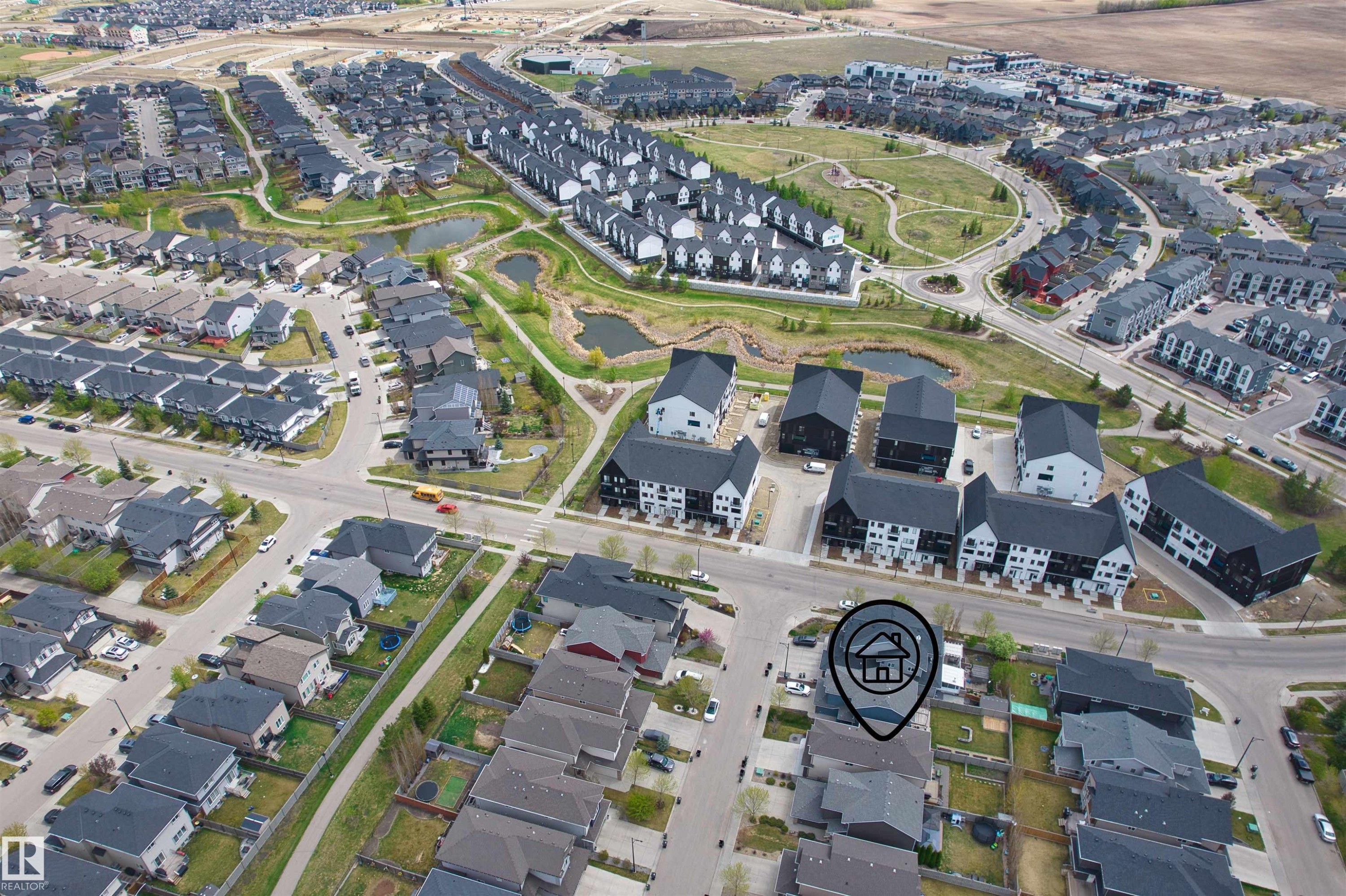 Aerial perspective showcasing a residential community with varied architectural styles - 3807 Claxton Close, Edmonton, AB - Other