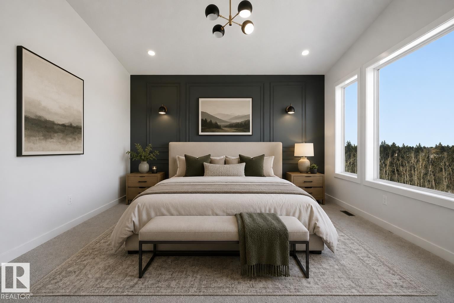 Spacious bedroom featuring a paneled accent wall, recessed lighting, a contemporary chandelier, and large windows with exterior scenery - 17108 2 Street, Edmonton, AB - Indoor Photo Showing Bedroom